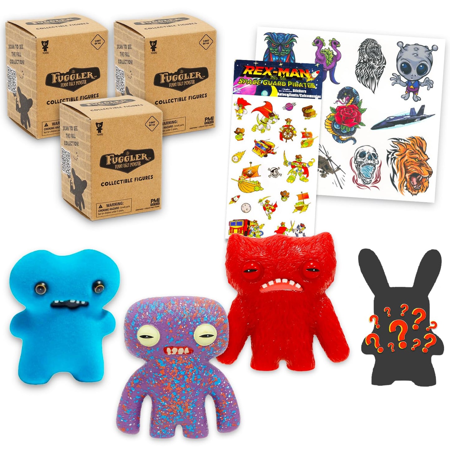 Fuggler Plushies Blind Box Set for Girls - Bundle 3 Fuggler Figures, Plus Sticker & More | Funny Ugly Mystery Plush Set for Boys, Kids