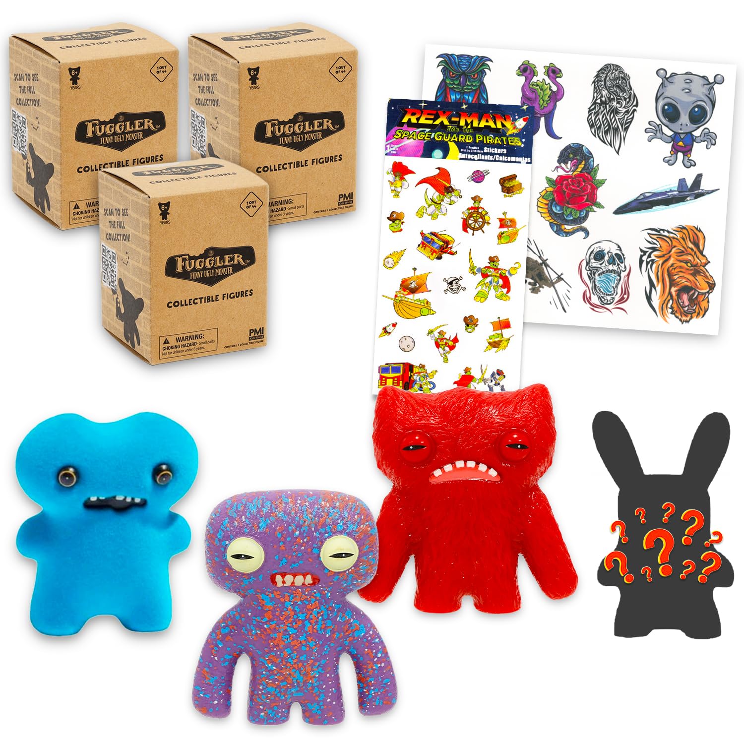 Fuggler Plushies Blind Box Set for Girls - Bundle 3 Fuggler Figures, Plus Sticker & More | Funny Ugly Mystery Plush Set for Boys, Kids