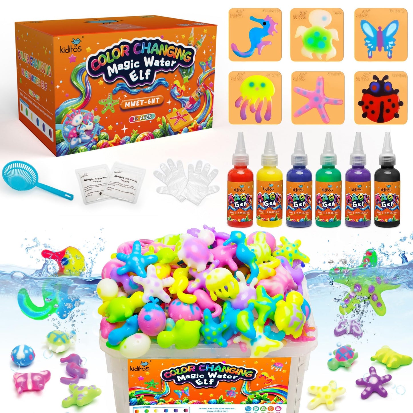 Kiditos Color Changing Magic Water Elf Toy Kit, Magic Aqua Fairy Water Gel Kit with 6 Color Changing Gels and 6 Molds. Christmas Gifts, Birthday