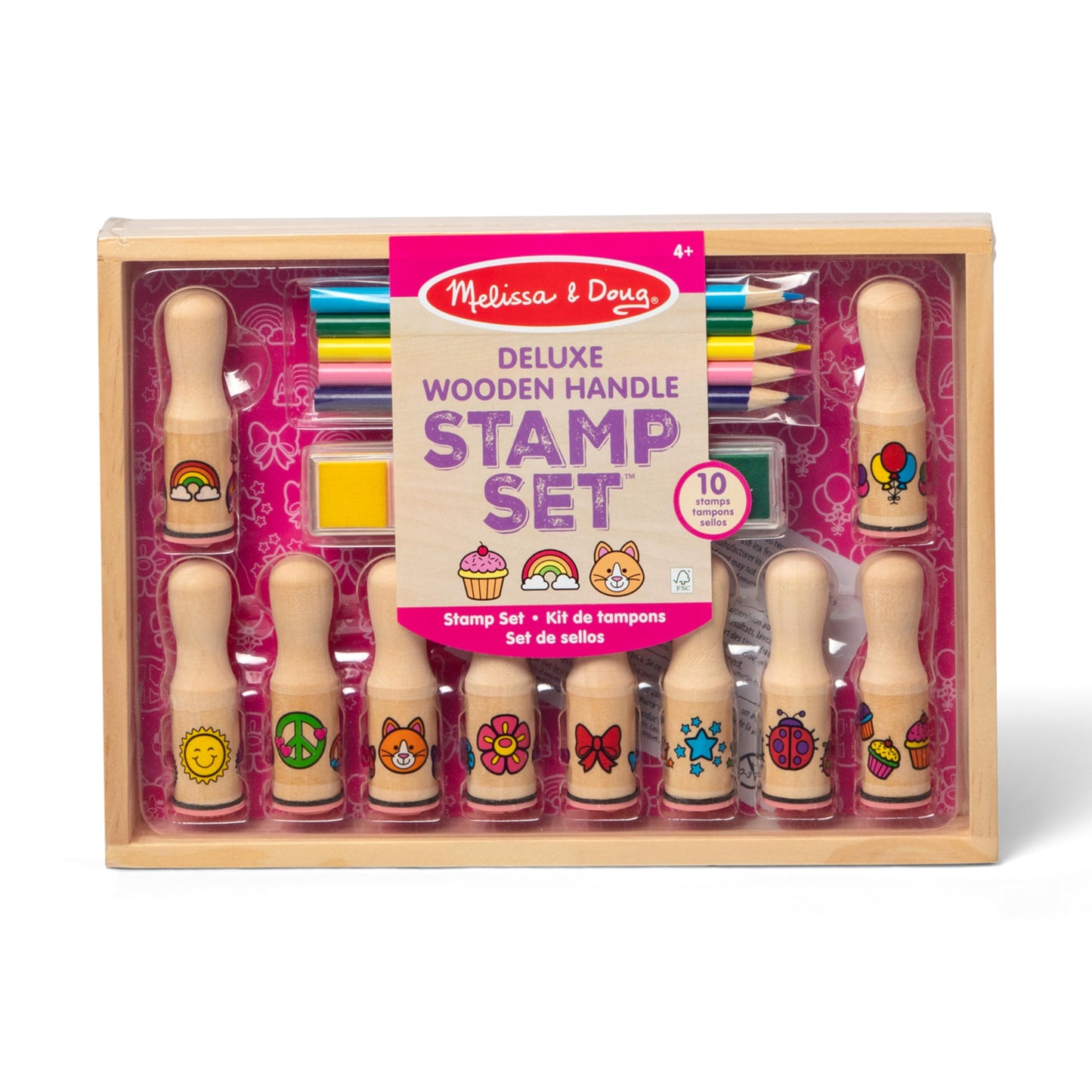 Melissa & Doug Deluxe Happy Handle Stamp Set with 10 Stamps, 5 Colored Pencils, and 6-Color Washable Ink Pad