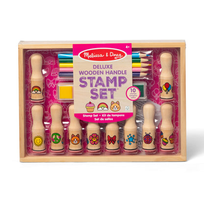 Melissa & Doug Deluxe Happy Handle Stamp Set with 10 Stamps, 5 Colored Pencils, and 6-Color Washable Ink Pad