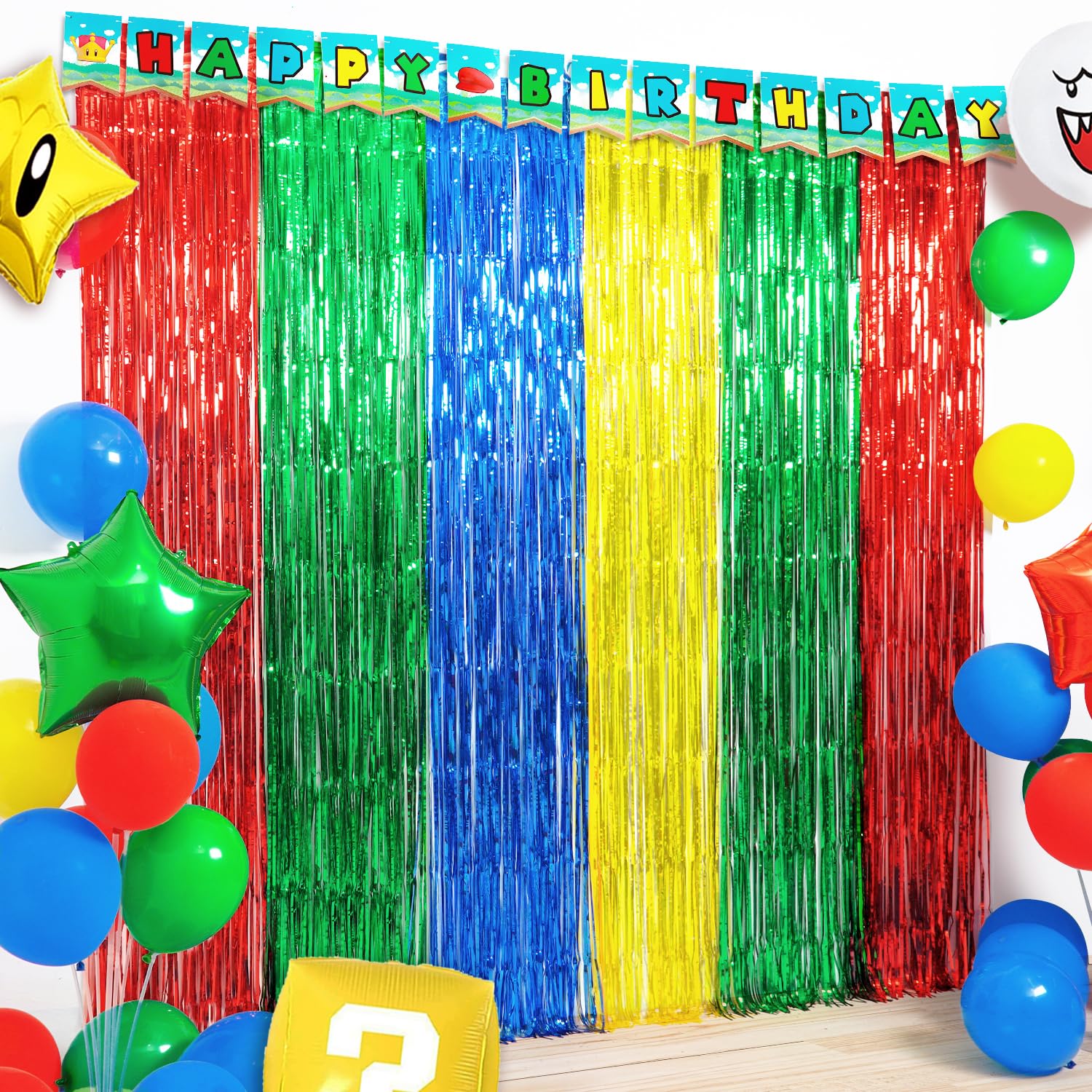 Super Bros Birthday Party Decoration, Including 2Pack Red Green Blue Yellow Foil Fringe Curtains, 1pc Mario Themed Birthday Banner & 22pcs Balloons