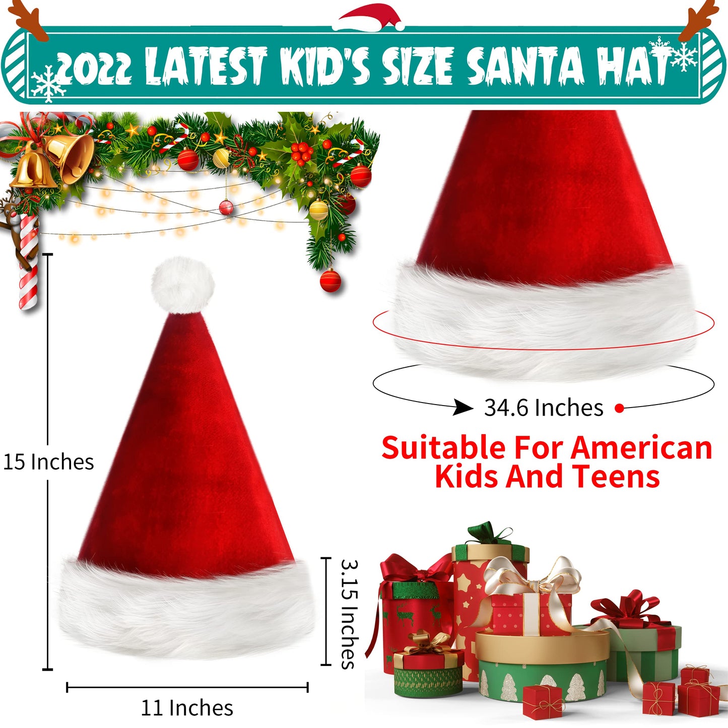 kortes 2 Pack Plush Kids Santa Hat, Unisex Christmas Hats Classic Velvet Fabric Comfort Double Line Plush Santa Hat for Kids Children Toddler New Year