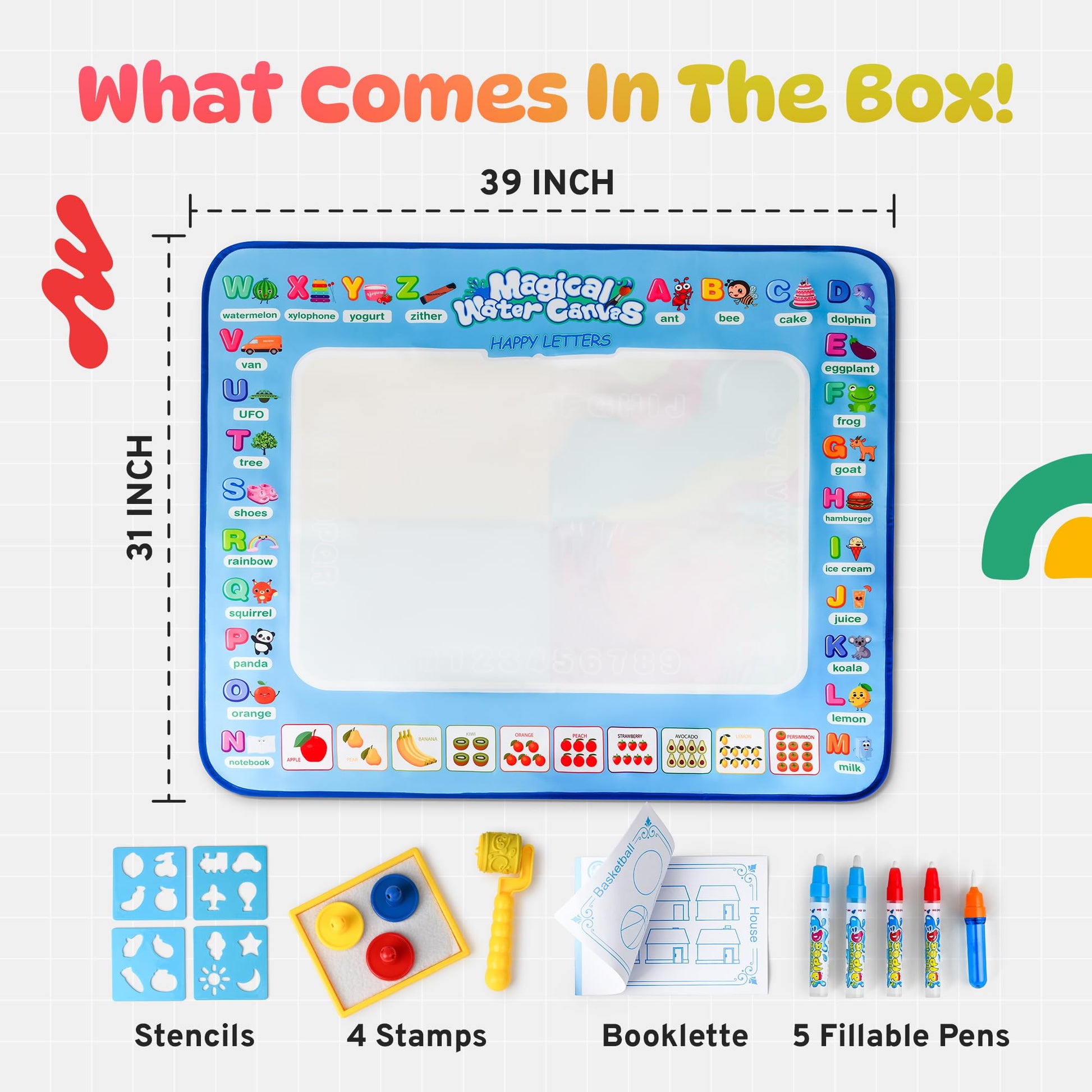 Water Doodle Mat | Mess Free Painting for Toddlers | Doodle Pad for Kids Ages 3-12 | Toddler Drawing Pad with Fillable Pens & Booklet | Fun