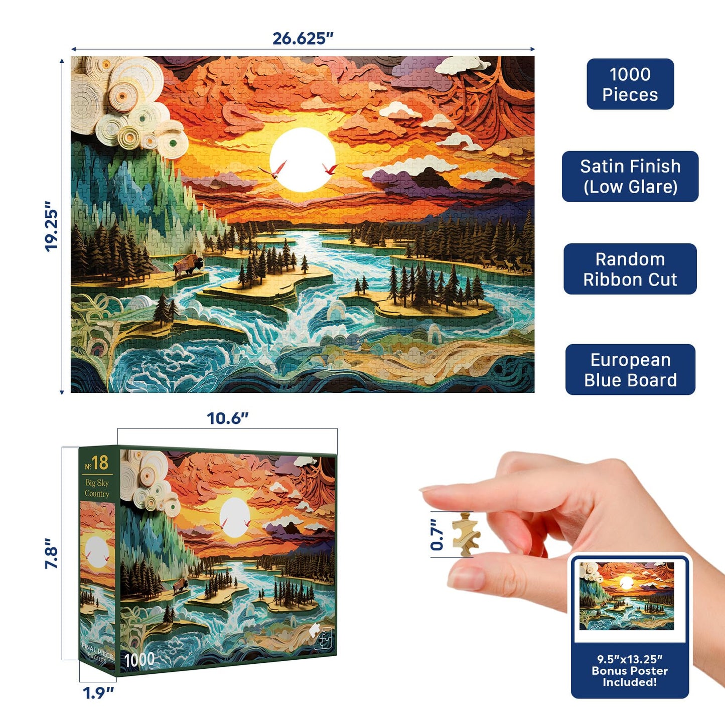Big Sky Country (No. 18) - 1000 Piece Nature Jigsaw Puzzle for Adults | Printed in USA | Satin Low-Glare Finish | Random Ribbon Cut | Bonus Poster |