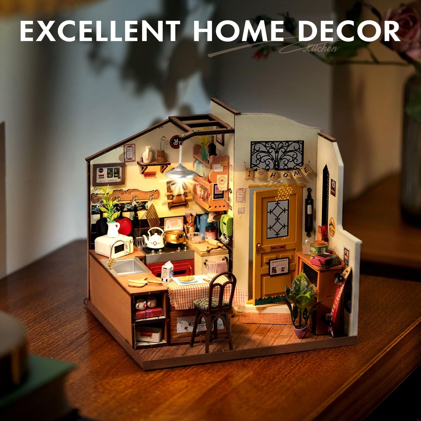 Robotime DIY Miniature House Kit, 1:18 Kitchen Diorama Dollhouse with LED Lights, 3D Wooden Puzzle for Adults, Craft Hobby Gift for Women Men Teens