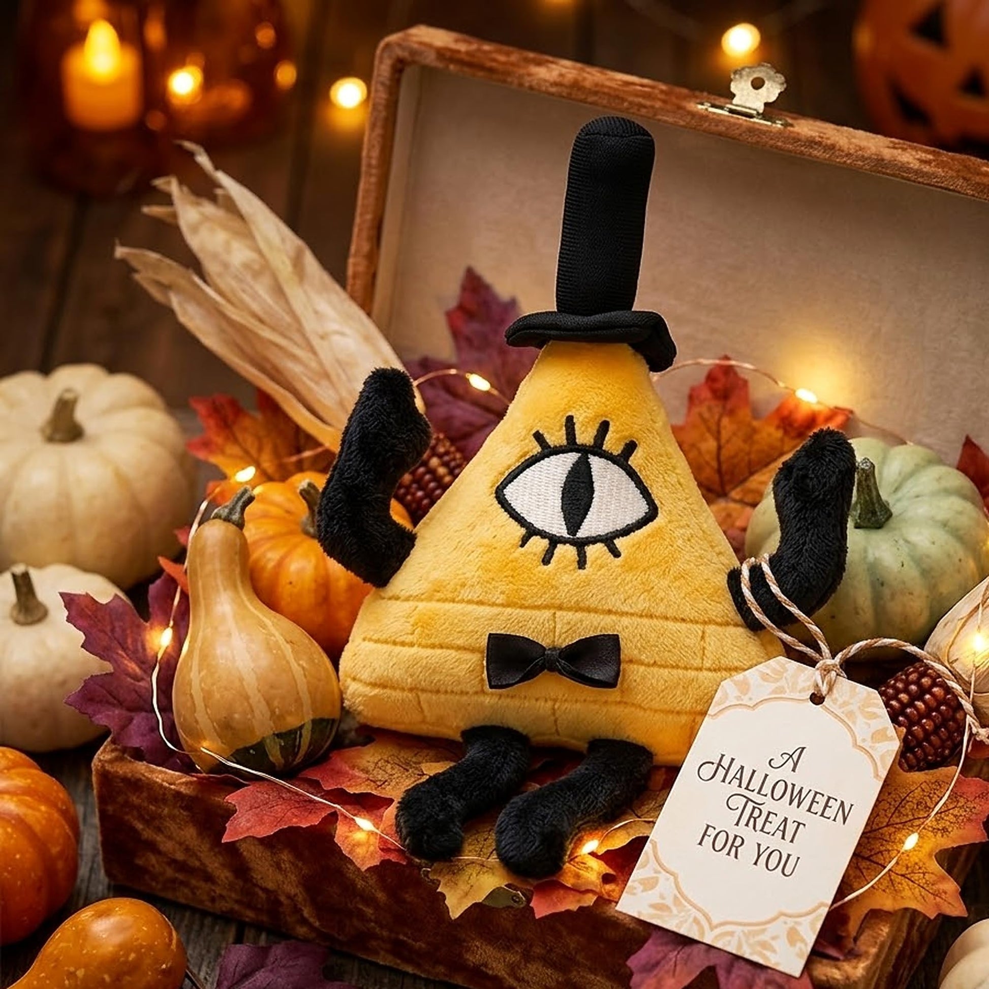EIKOU Gravity Falls Bill Cipher Plush Keychain, Yellow Triangle Stuffed Doll with Top Hat, Soft Cartoon Backpack Charm for Kids, Birthday Halloween