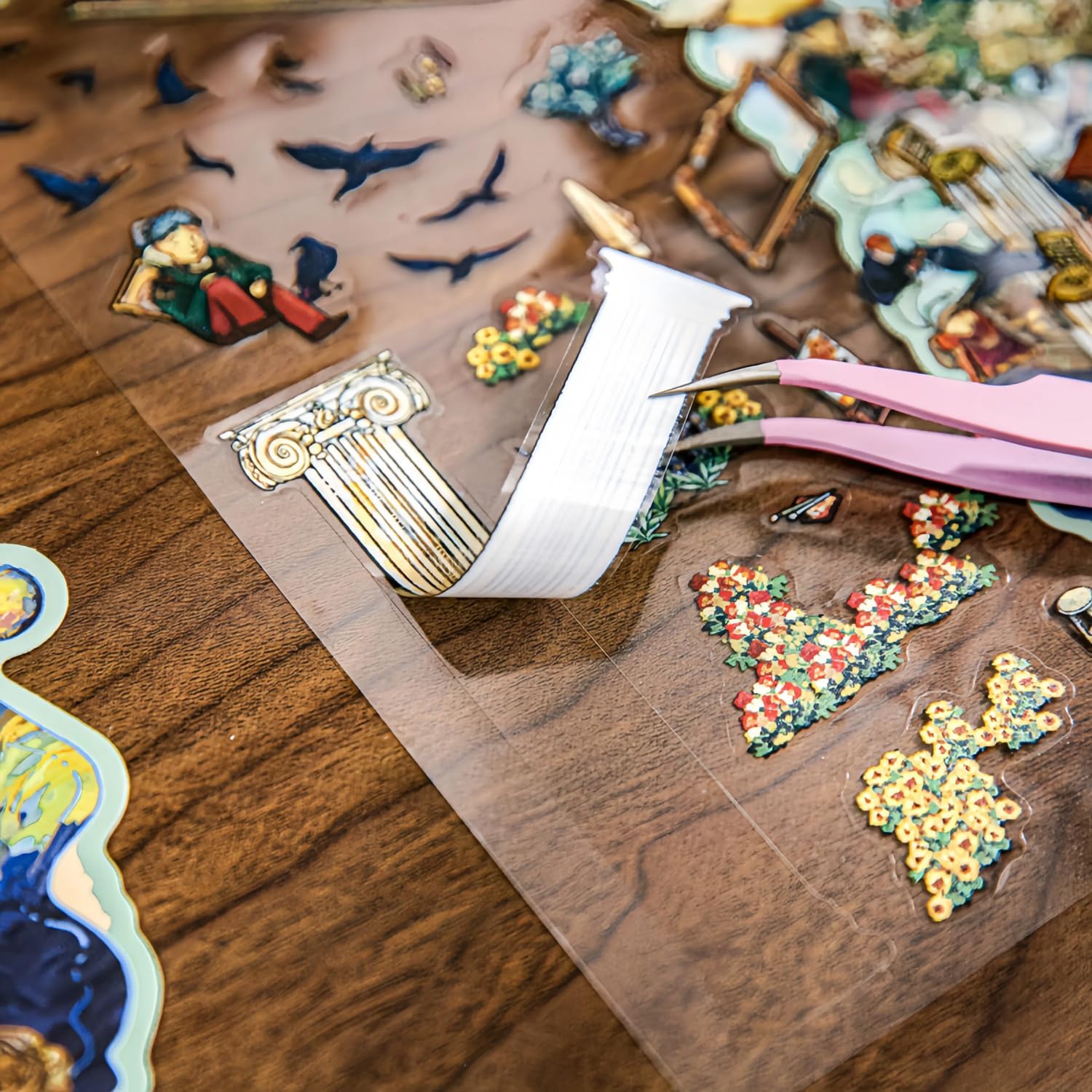 4 Sets 3D Scene Stickers for Adults & Teens - Large-Size Miniature Room Scene Stickers for Stress Relief, with 1 Tweezer | Oil Painting Style: Van