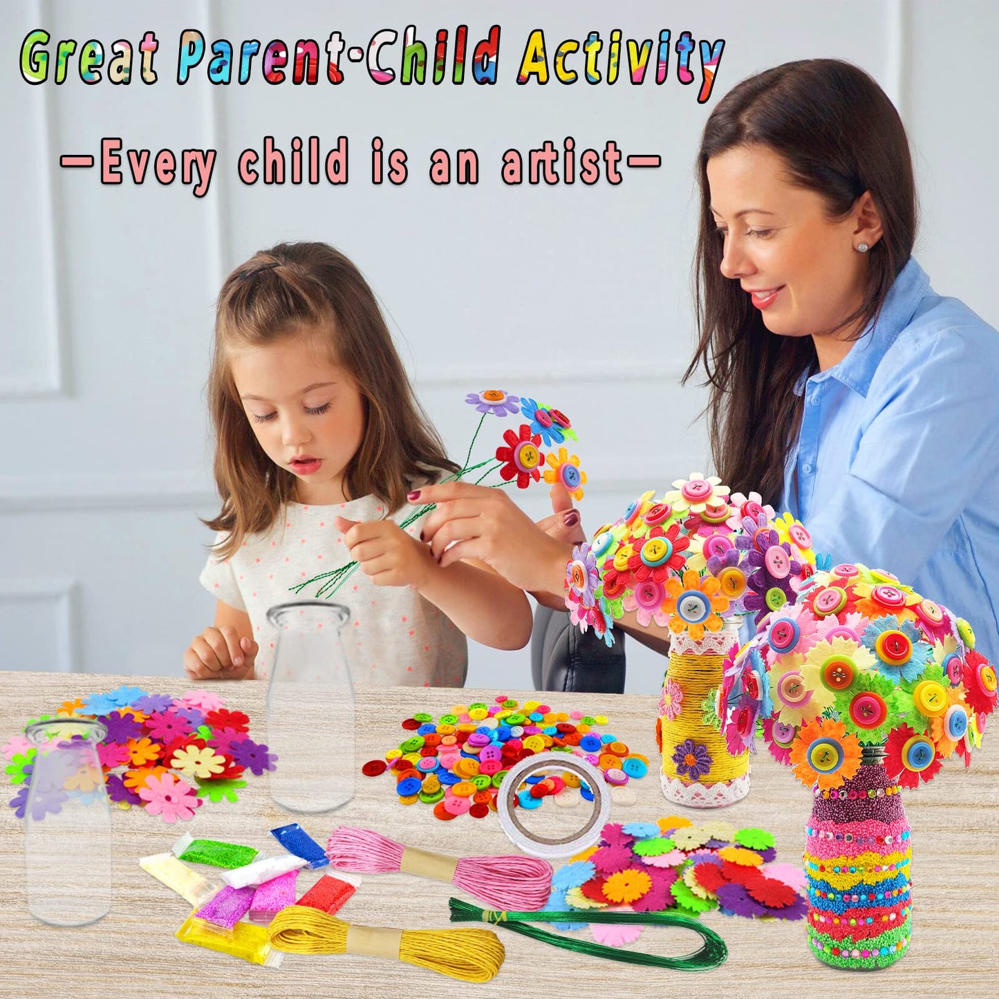 7july Crafts for Girls Ages 6-10 Make Your Own Flower Bouquet with Buttons and Felt Flowers, Vase Art and Craft for Children - DIY Activity Christmas