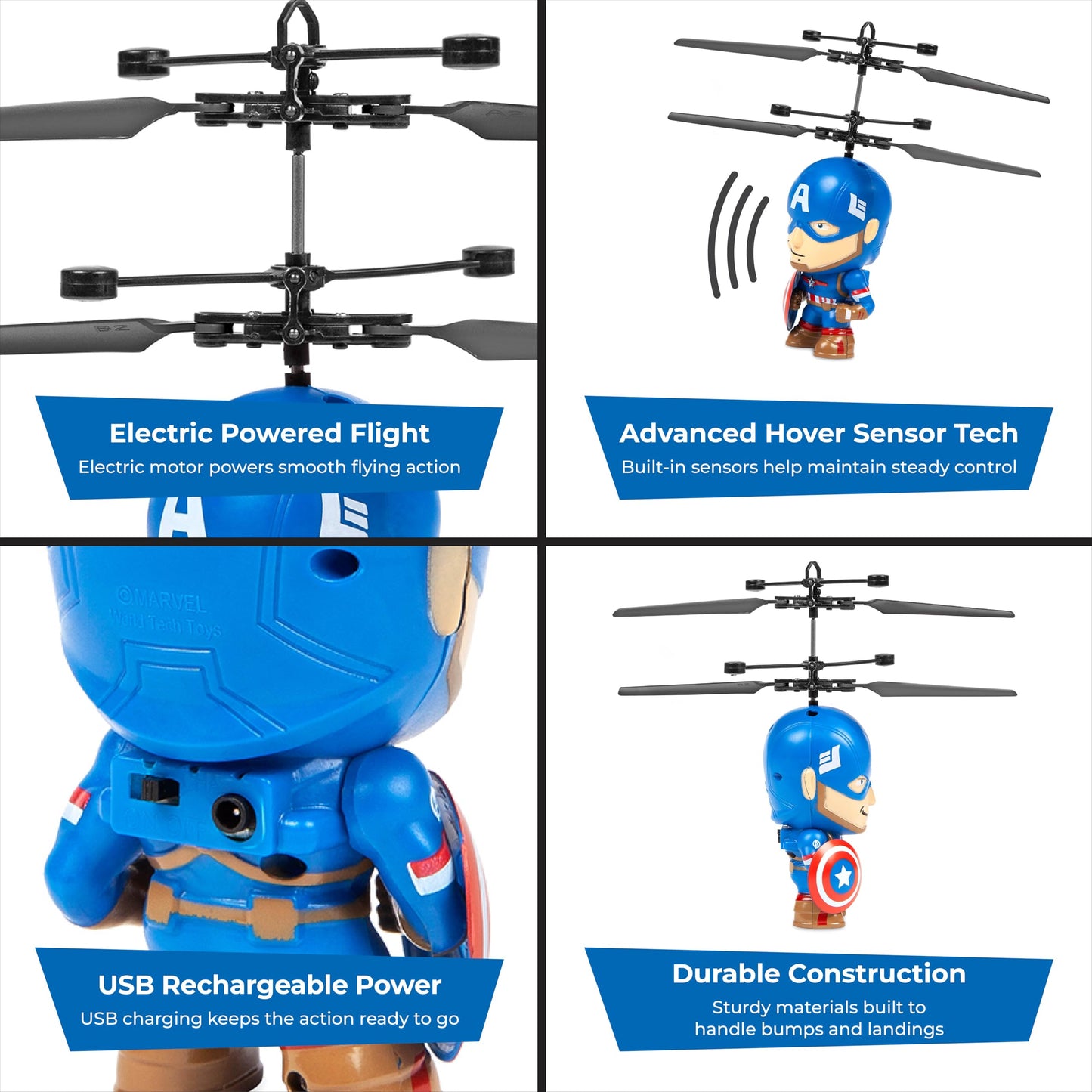 World Tech Toys Marvel Captain America Big Head Helicopter Toy - Motion Sensored Flying Toy for Kids - Marvel Licensed - Kids 6+