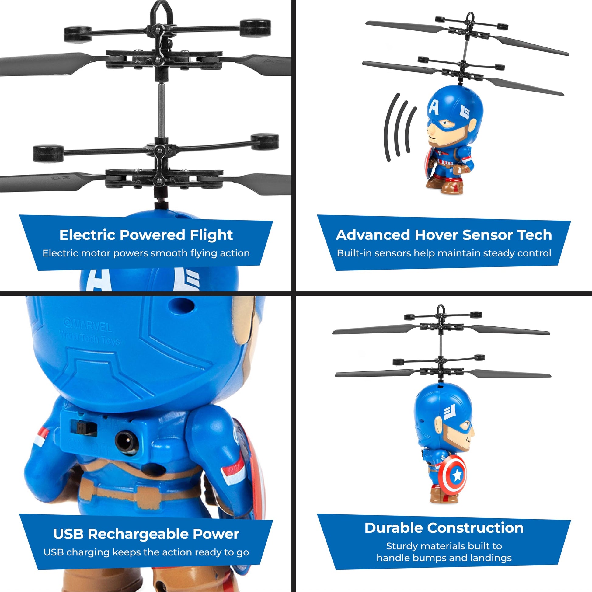World Tech Toys Marvel Captain America Big Head Helicopter Toy - Motion Sensored Flying Toy for Kids - Marvel Licensed - Kids 6+