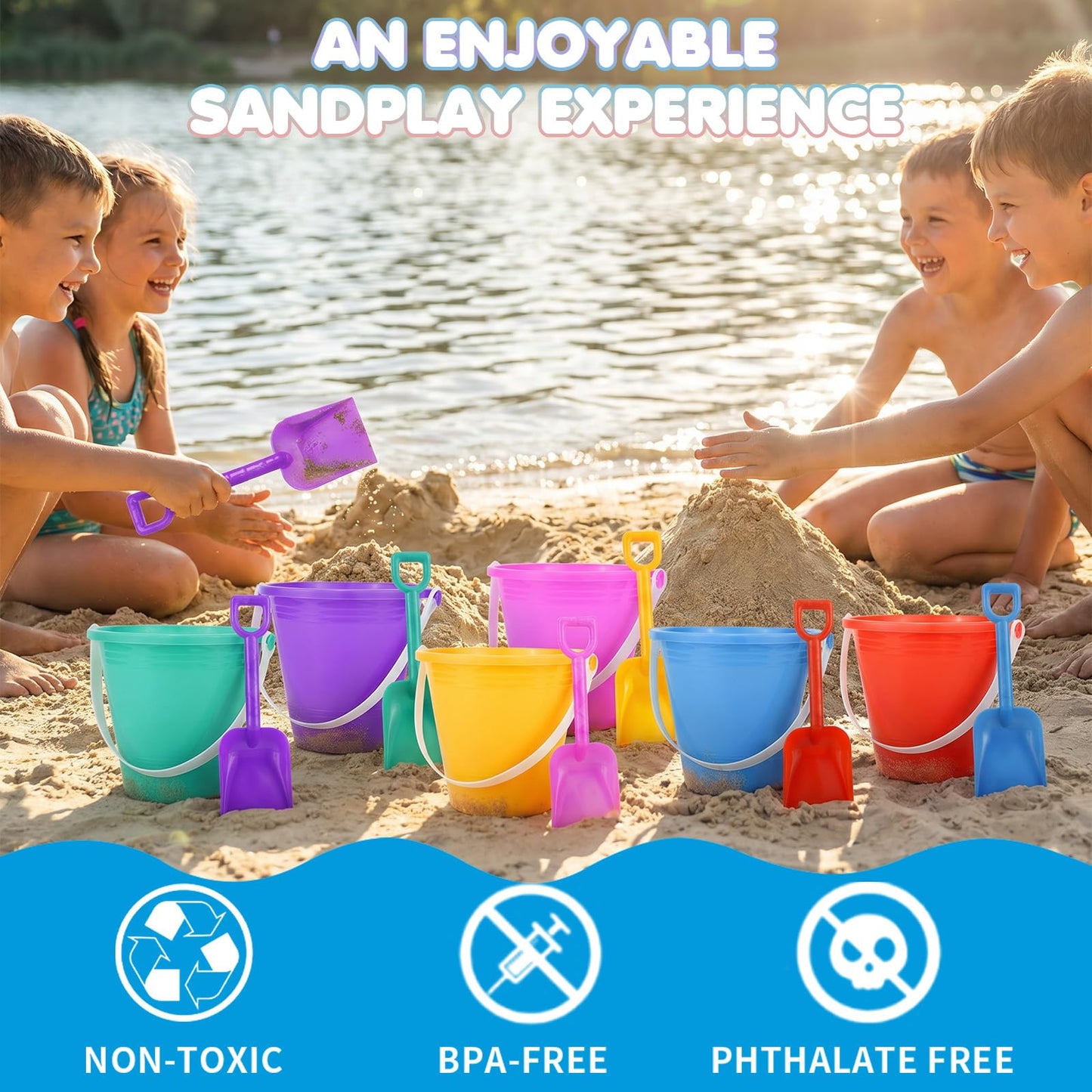 Holady 12 Pack 5'' Inch Sand Beach Buckets Pail with Beach Shovels,Sand Bucket Water Bucket for Beach Fun Great Summer Party Accessory