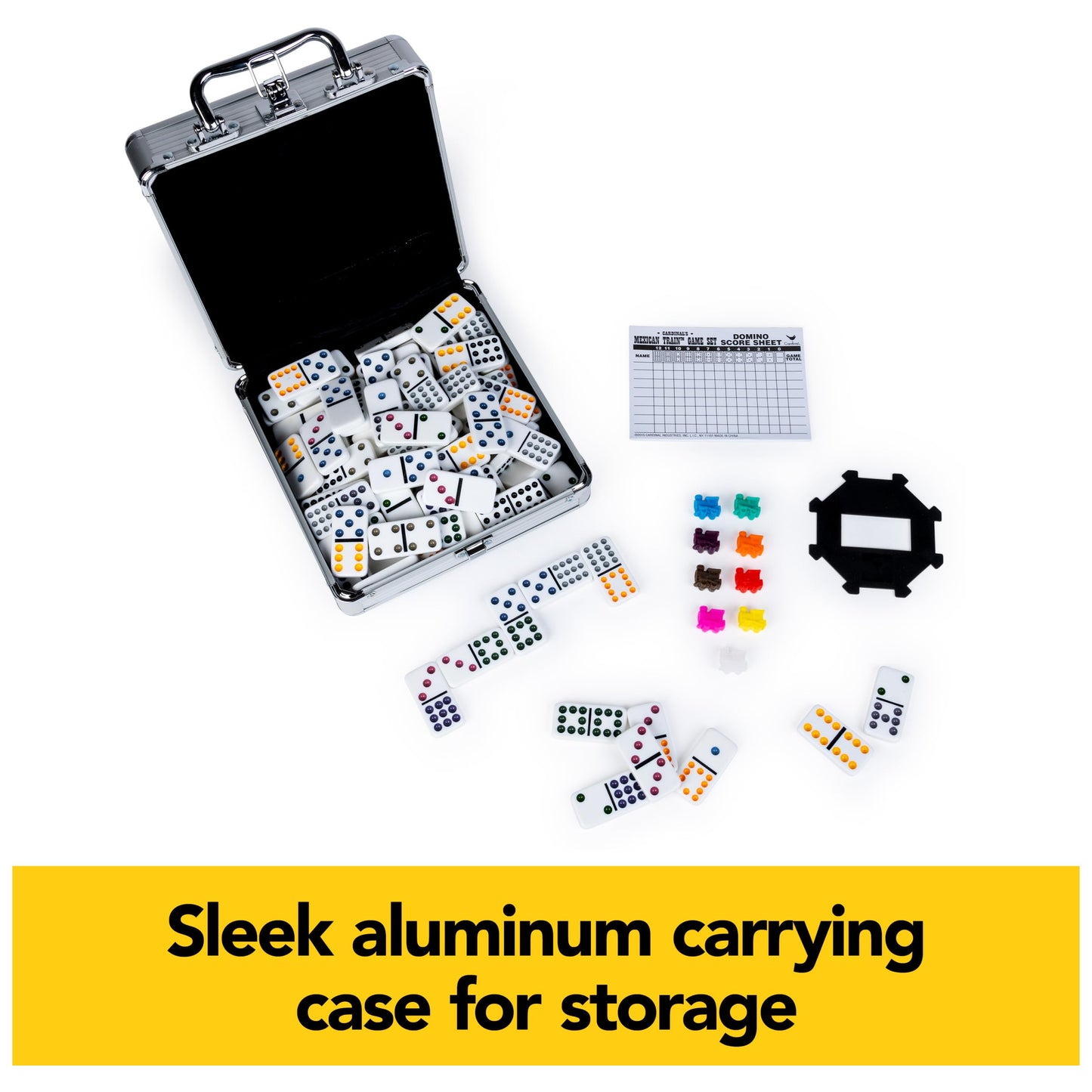 Spin Master Games, Mexican Train Dominoes Set in Aluminum Carry Case, Includes Colorful Trains for Fun-Filled Family Game Night, for Kids & Family
