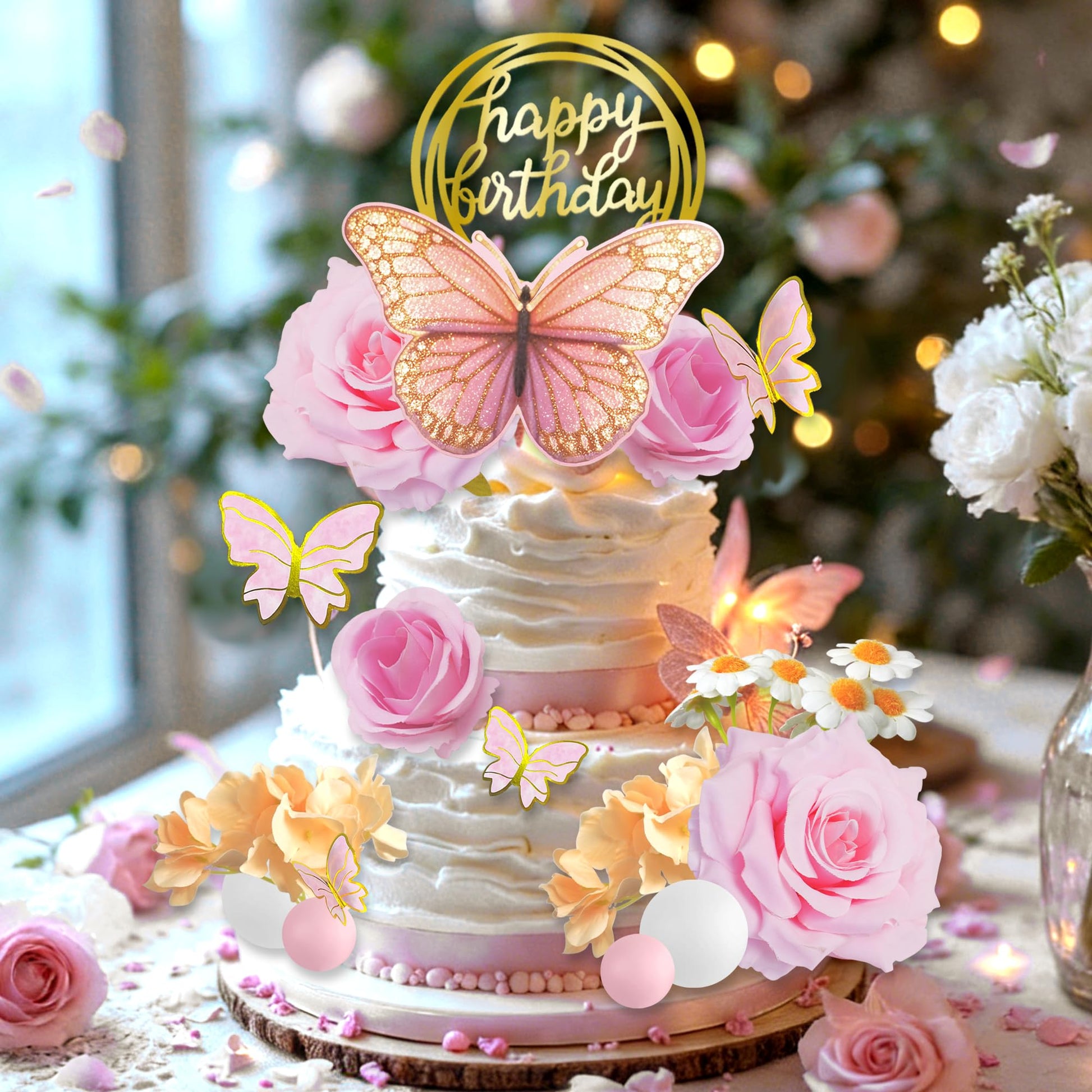 Pink Flower Butterfly Cake Toppers Happy Birthday Decoration with Artificial Pink Rose Flowers Eucalyptus for Birthday Wedding Spring