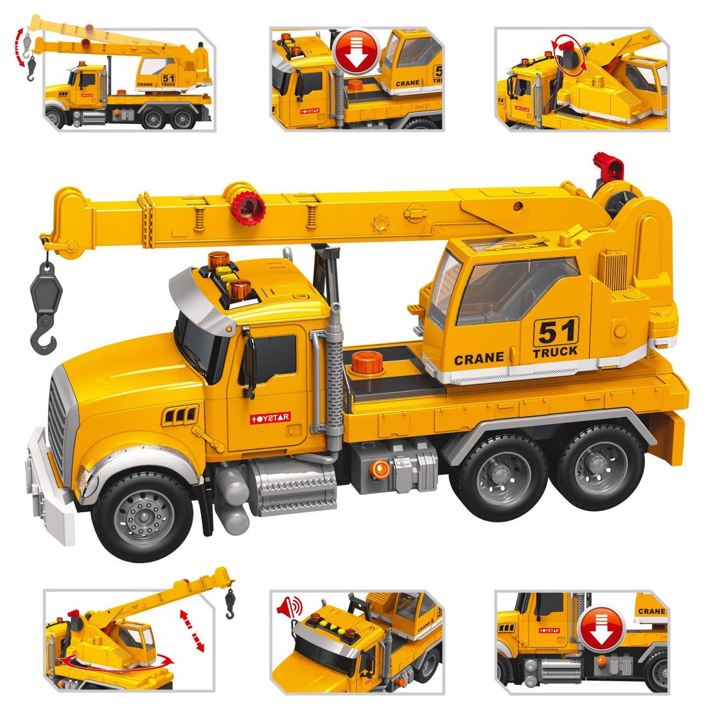 MOBIUS Toys Crane Truck - Real Working Boom Arm Construction Vehicle for Kids Ages 3-7 - Rotating Cabin, Extendable Arm, and Moving Parts - Durable