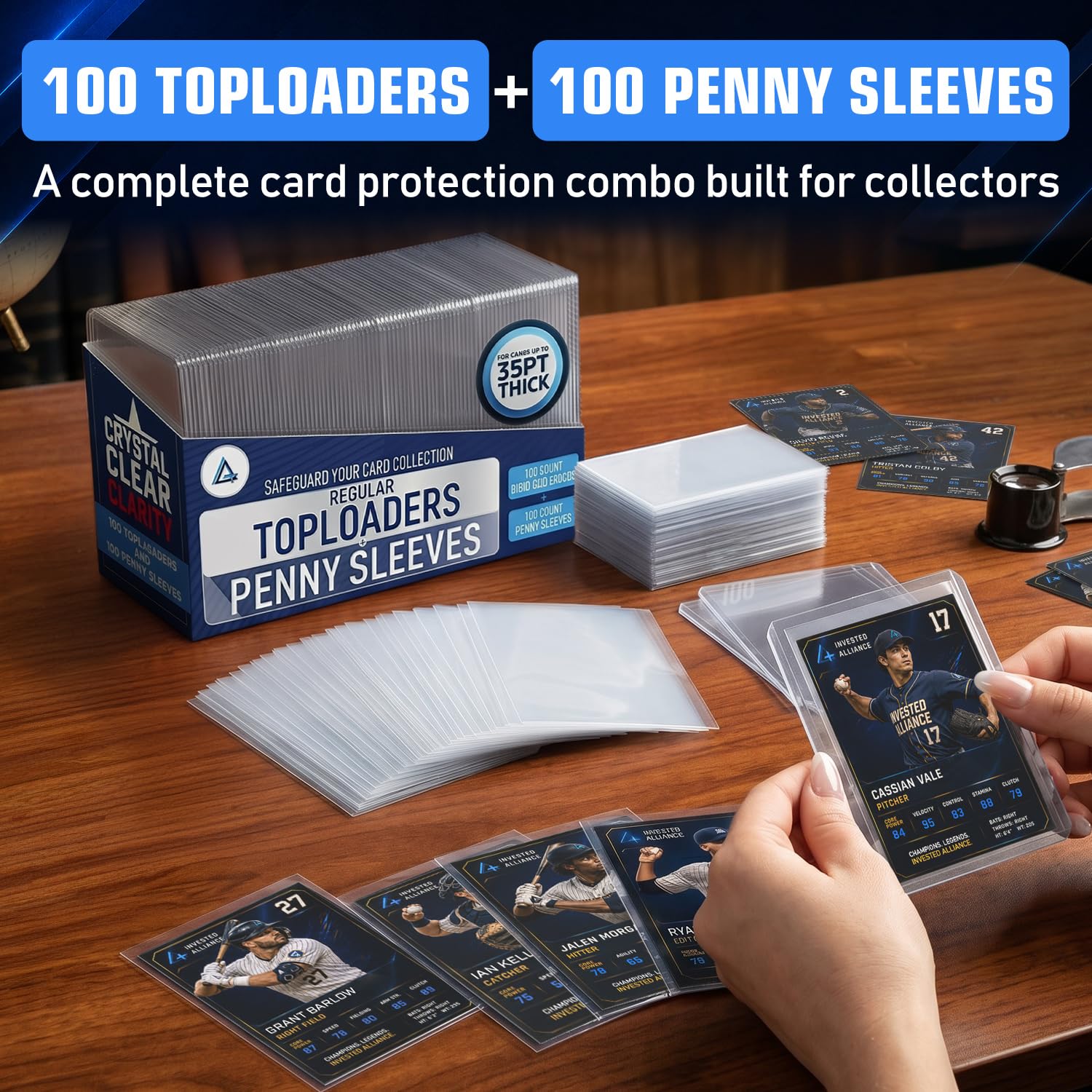 Invested Alliance 200-Pack Toploaders & Card Sleeves - 100 Crystal-Clear 35PT Top Loaders + 100 Penny Sleeves, 3x4 Hard Plastic Protectors for