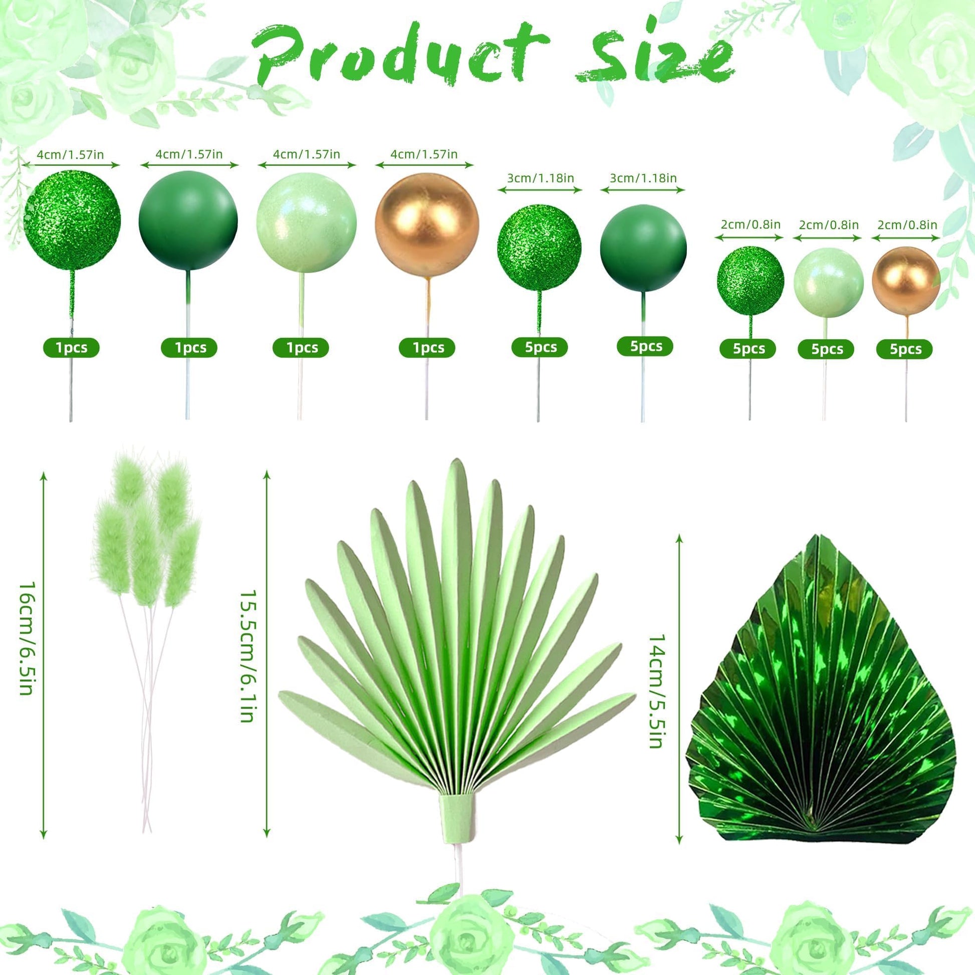 38 PCS Balls Cake Toppers Palm Leaves Cake Decorations for Birthday Wedding Baby Shower Party Supplies (Green)