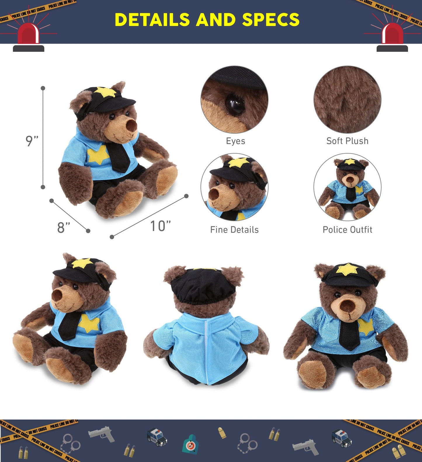 DolliBu Brown Bear Police Officer Plush Toy - Super Soft Plush with Red Plaid Hoodie, Cute Cop Uniform and Cap Outfit - 10 Inches