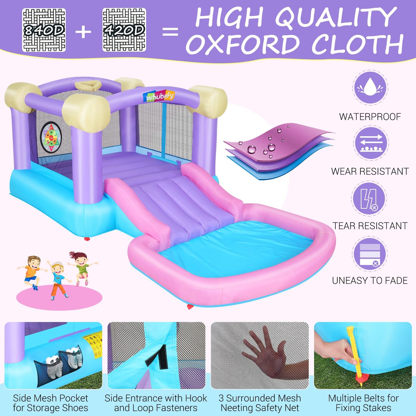 Whubefy Inflatable Pink Bounce House for Kids 2-8 with Slide, Ball Pit & 50 Ocean Balls, 161x82x63'' Jumping Castle w/Blower, Basketball Hoop