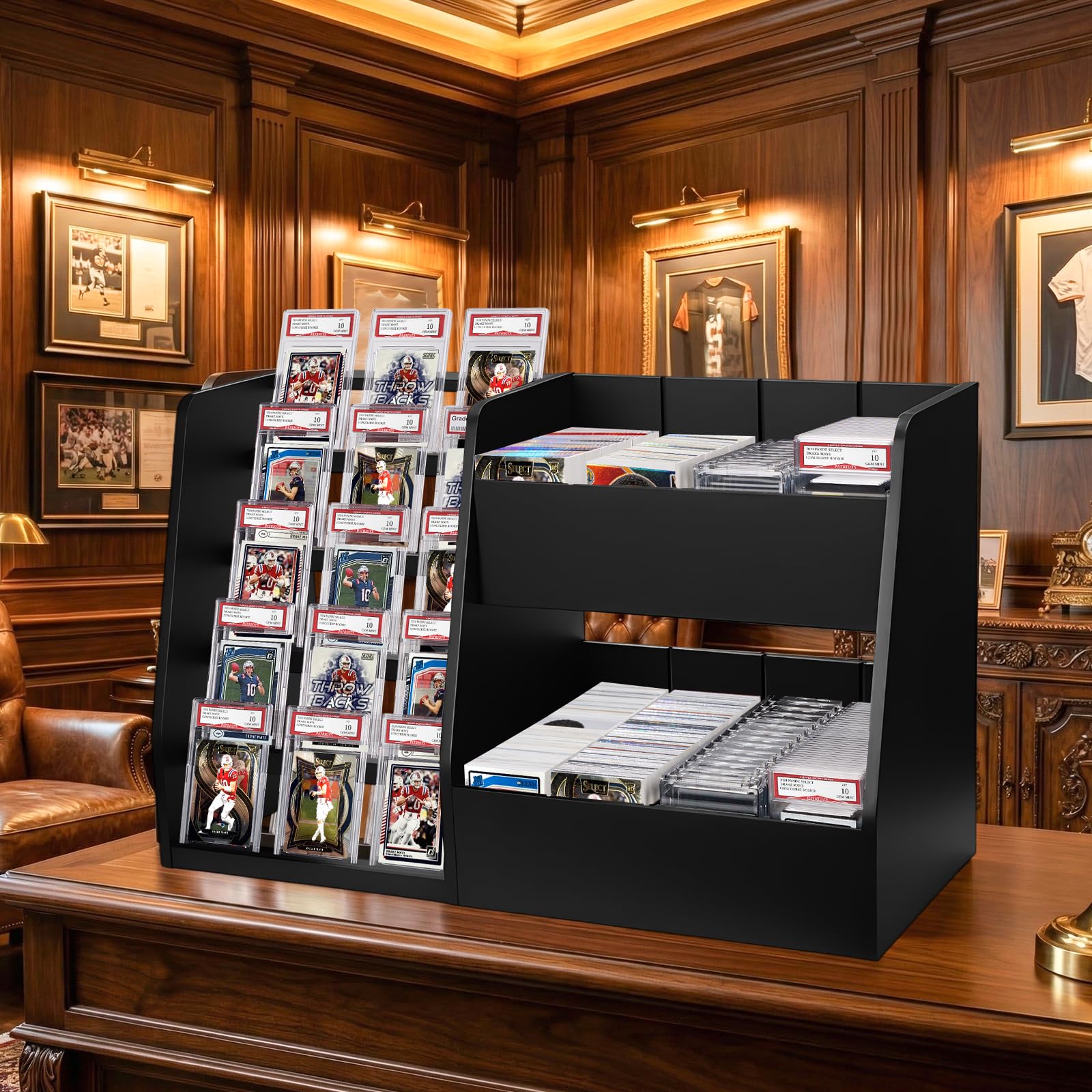 5-Tier Trading Card Display Case Stand- Holds Up to 200 Cards,Wood Sports Graded Card Display,Card Stand for Sports Baseball Cards,Card Game