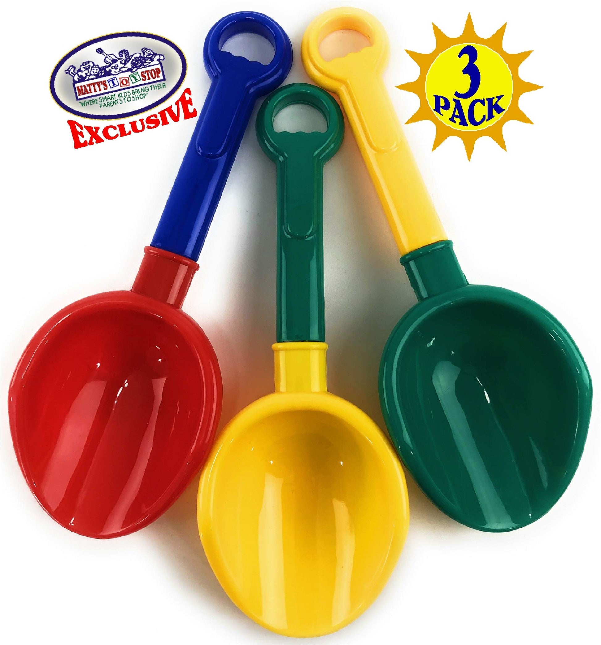 Matty's Toy Stop 10.5" Kids Multi-Color Sand Scoop Plastic Shovels for Sand & Beach (Red/Blue, Yellow/Green & Green/Yellow) Complete Gift Set Bundle