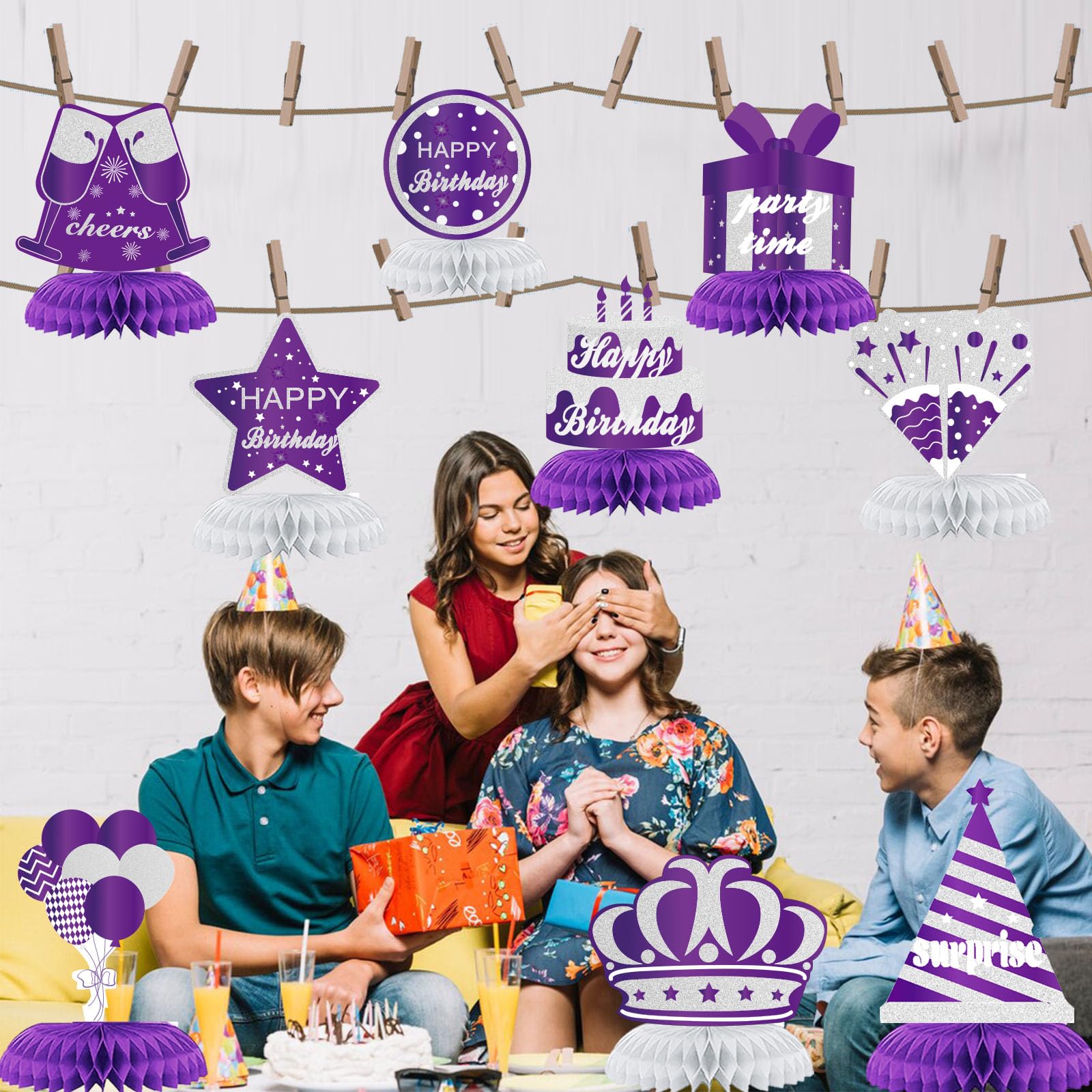 WINPOGEE 9PCS Purple Silver Happy Birthday Decorations Honeycomb Centerpieces for Women Men