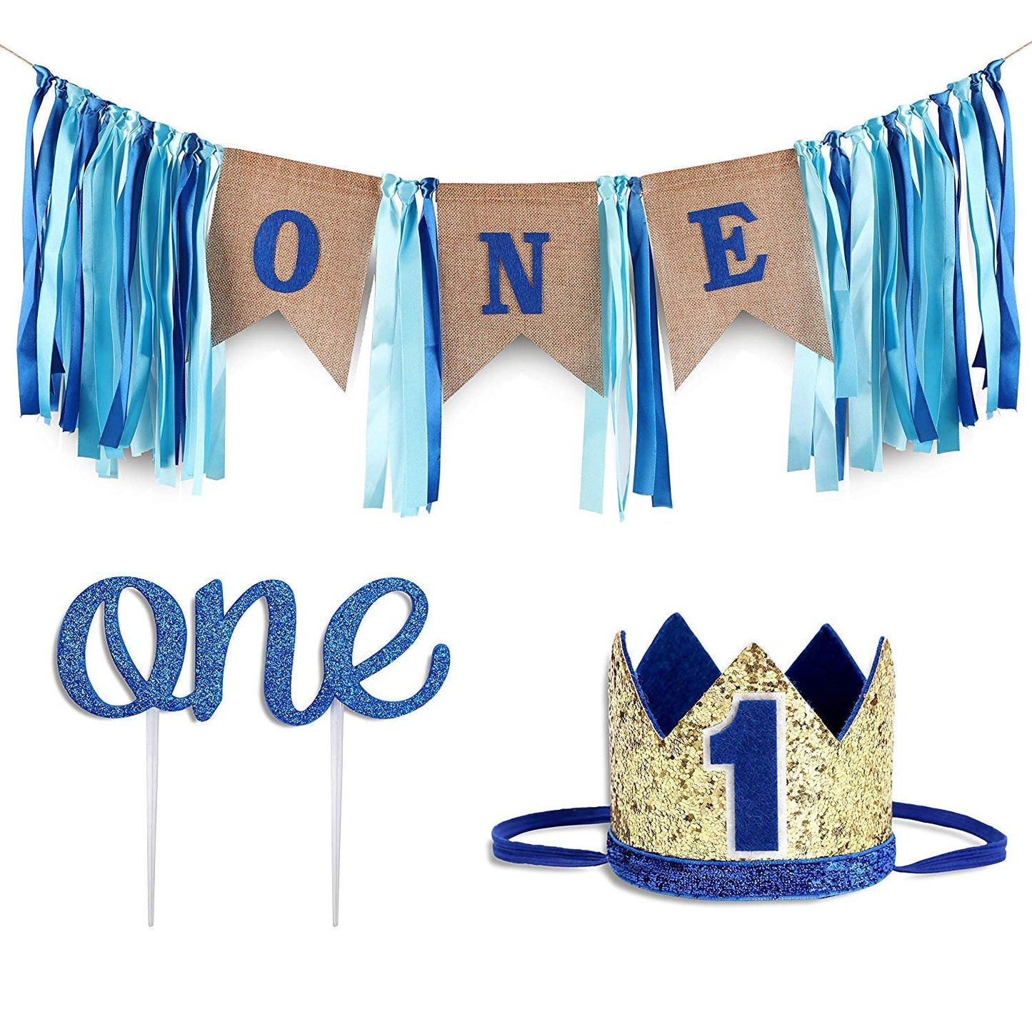 Baby 1st Birthday Boy Decorations with Crown - Baby Boy First Birthday Decorations High Chair Banner - Cake Smash Party Supplies - Happy Birthday ONE