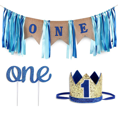 Baby 1st Birthday Boy Decorations with Crown - Baby Boy First Birthday Decorations High Chair Banner - Cake Smash Party Supplies - Happy Birthday ONE