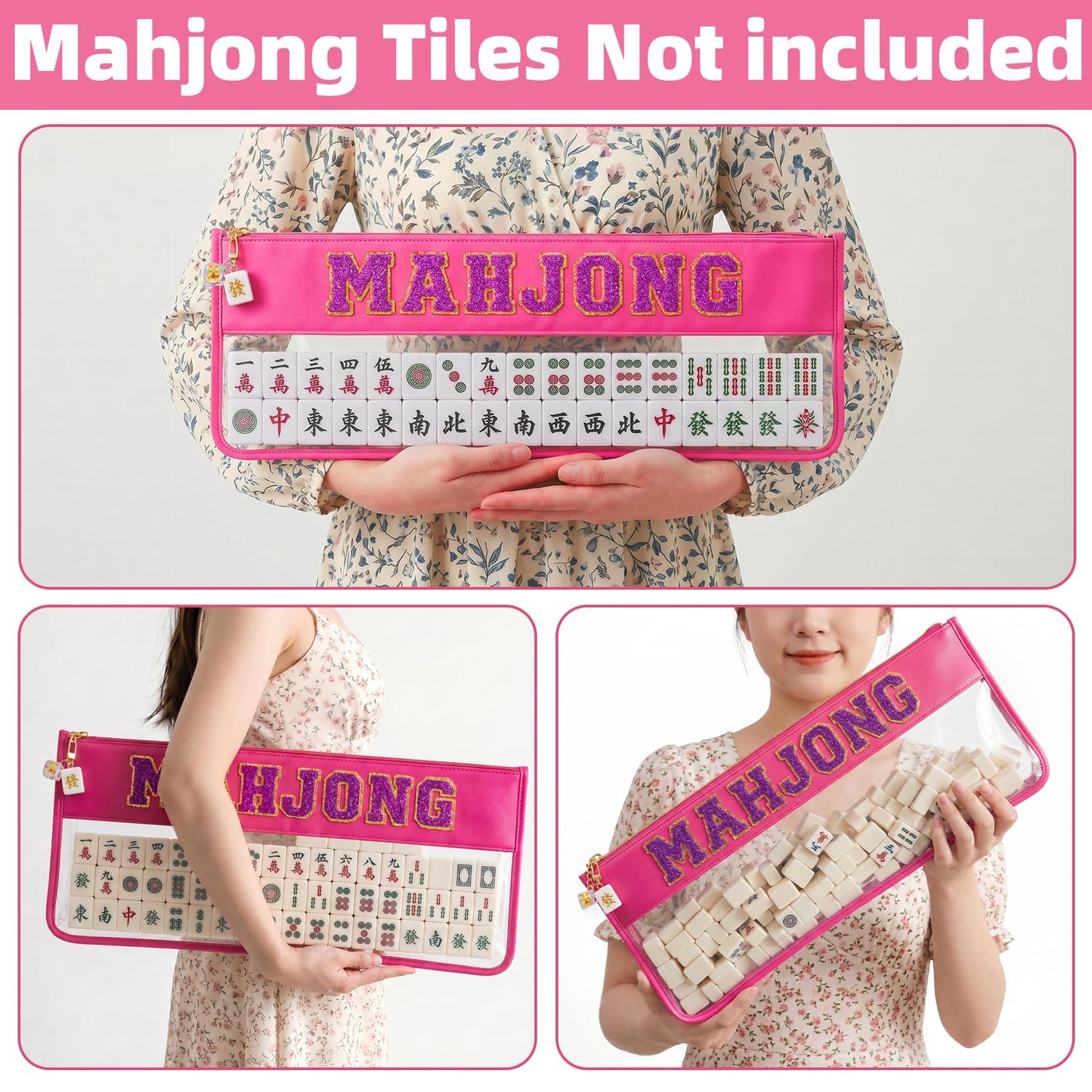 FUYAHA Clear American Mahjong Tile Bag with Keychain, Waterproof Portable Mahjong Storage Bag with Zipper & Glitter Letters, Mahjong Organizer Travel