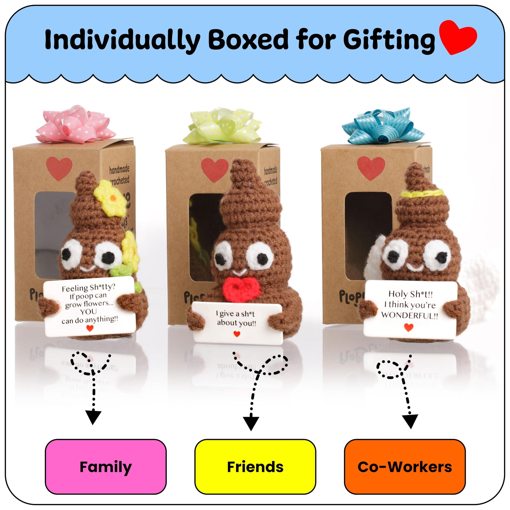 Funny Crochet Positive Poo | Poop Plush Set of 3 for Women, Coworkers, Men & Teens | Handmade Emotional Support Crochet for Room & Bathroom Decor