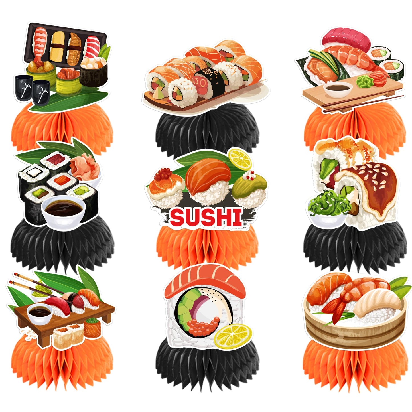 9 PCS Sushi Honeycomb Centerpieces for Table Decor, Sushi Table Decorations Table Toppers for Japanese Food Sushi Party Decorations Sushi Birthday