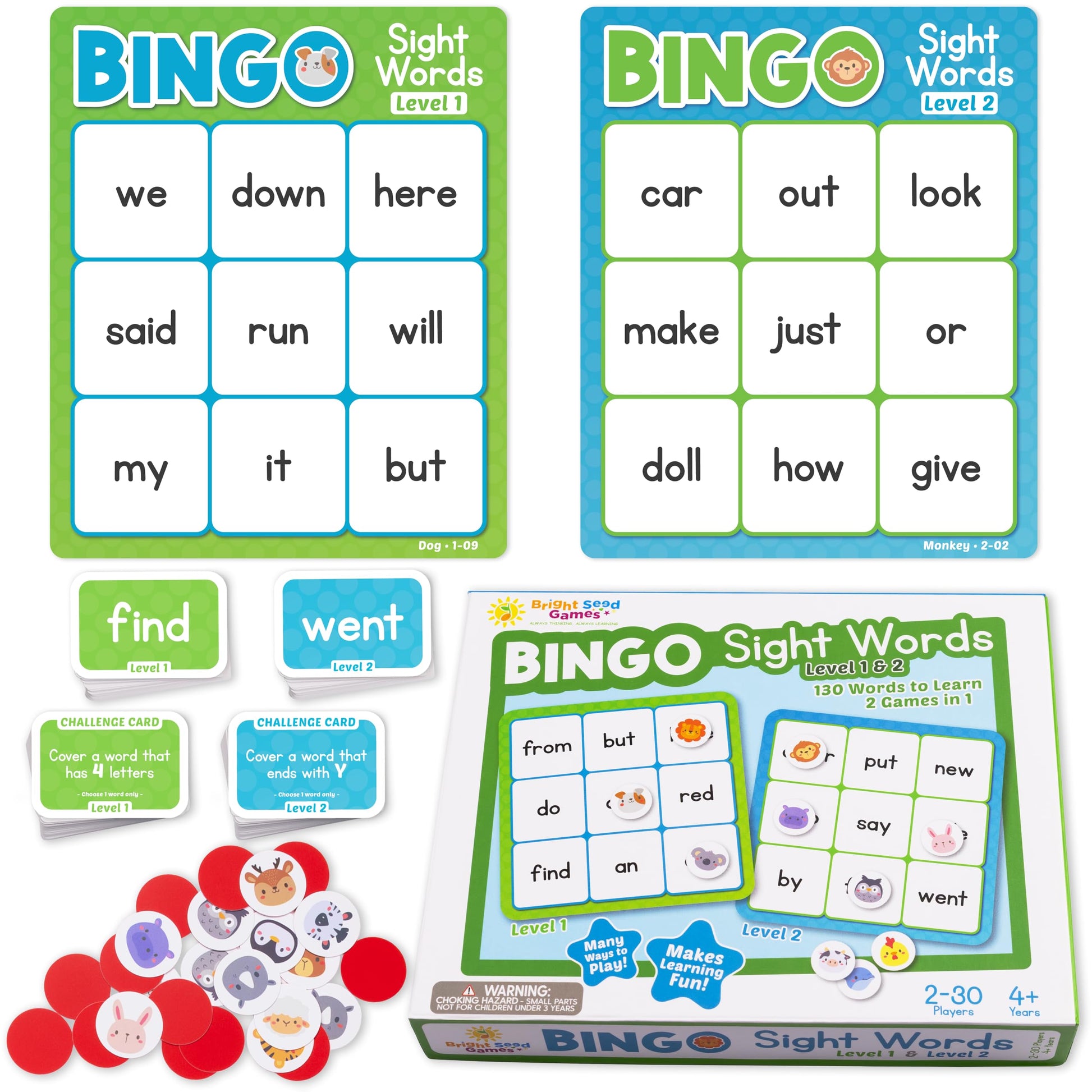 Bright Seed Sight Words Bingo Game, Learn to Read - Level 1 & 2