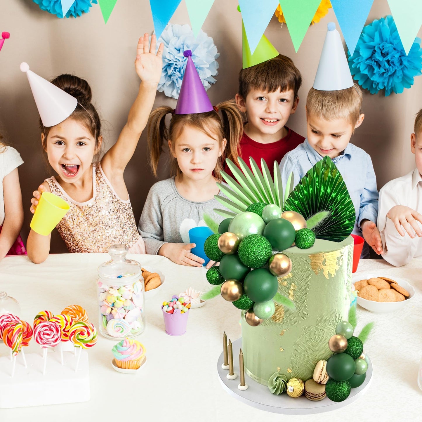 38 PCS Balls Cake Toppers Palm Leaves Cake Decorations for Birthday Wedding Baby Shower Party Supplies (Green)