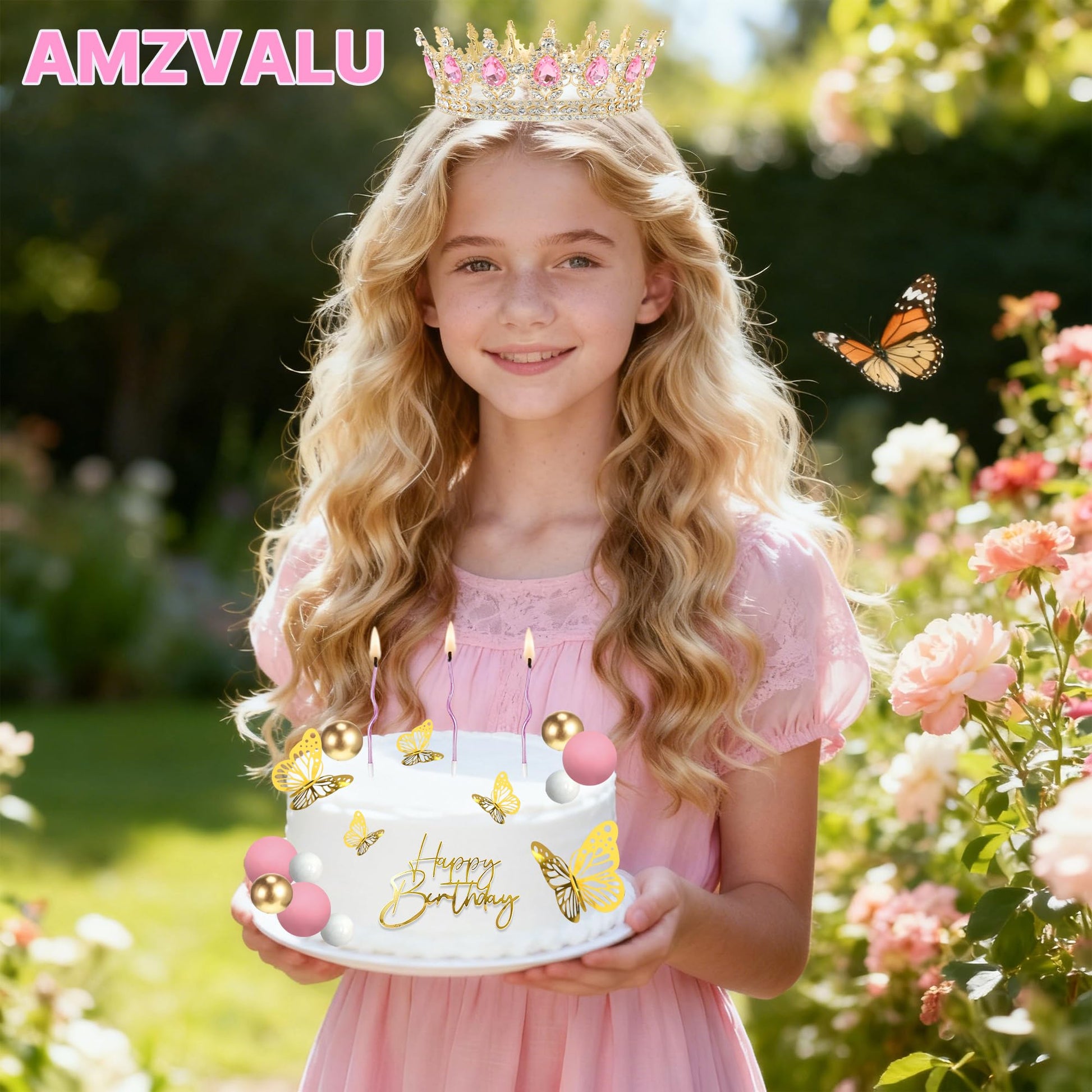 AMZVALU Crown Cake Topper, Balls Happy Birthday Cake Topper Pink Crown Birthday Candles Gold Butterflies, Corona Para Pastel, Cake Decorations