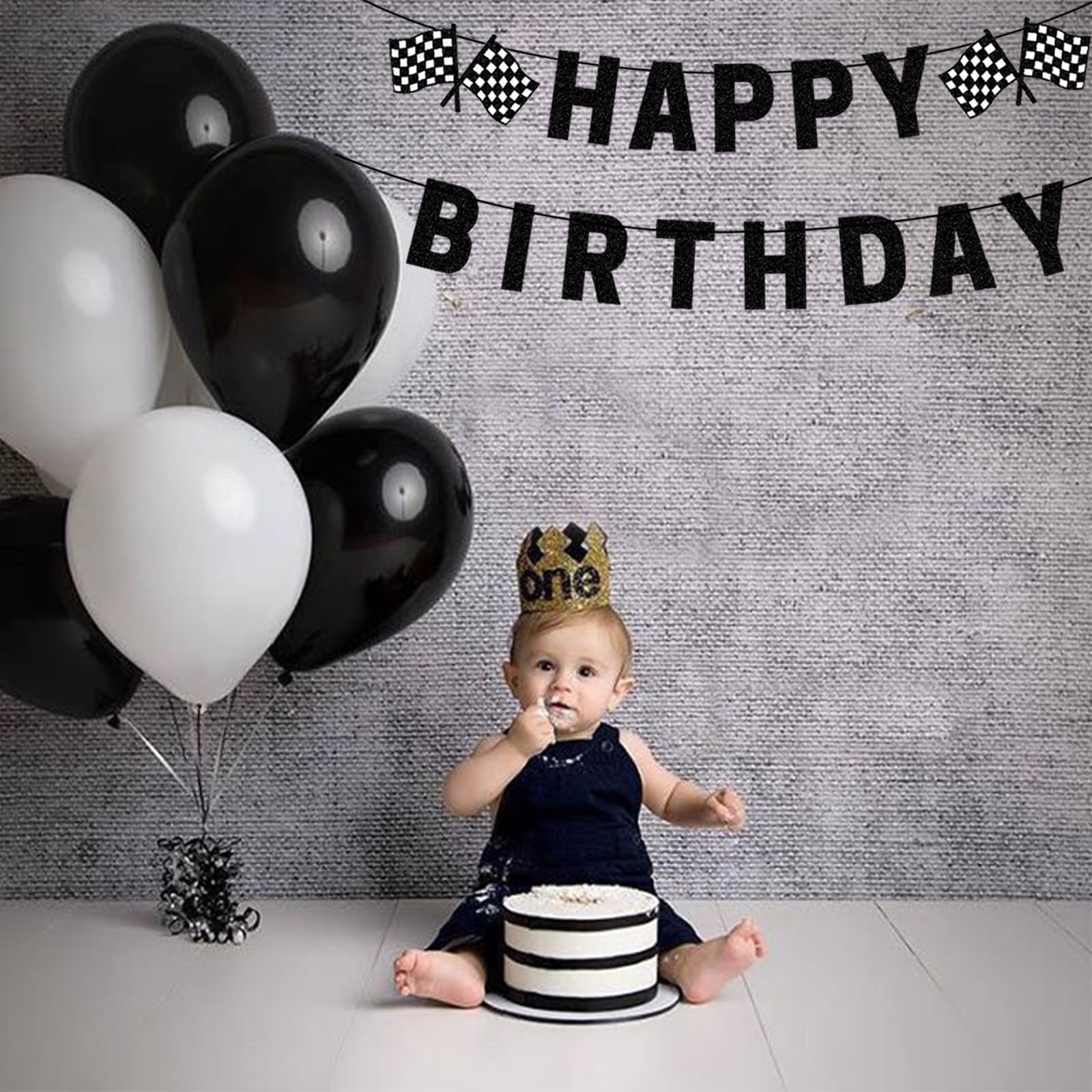 Pre-Strung Race Car Happy Birthday Banner, Race Cars Party Birthday Decorations for Boy, Black Racing Themed Birthday Party Decorations, Let’s Go