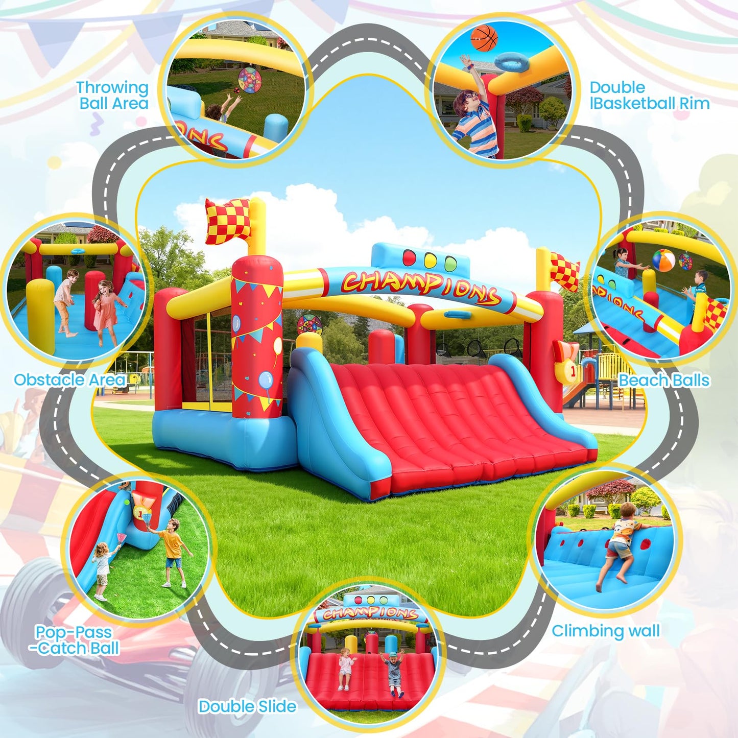 Inflatable Bounce House for Big Kids, 13.4x13 FT Large Bouncy Castle Upgraded Extra-Wide Slide, Blow Up Jumping Bouncer with Obstacle Poles & Target