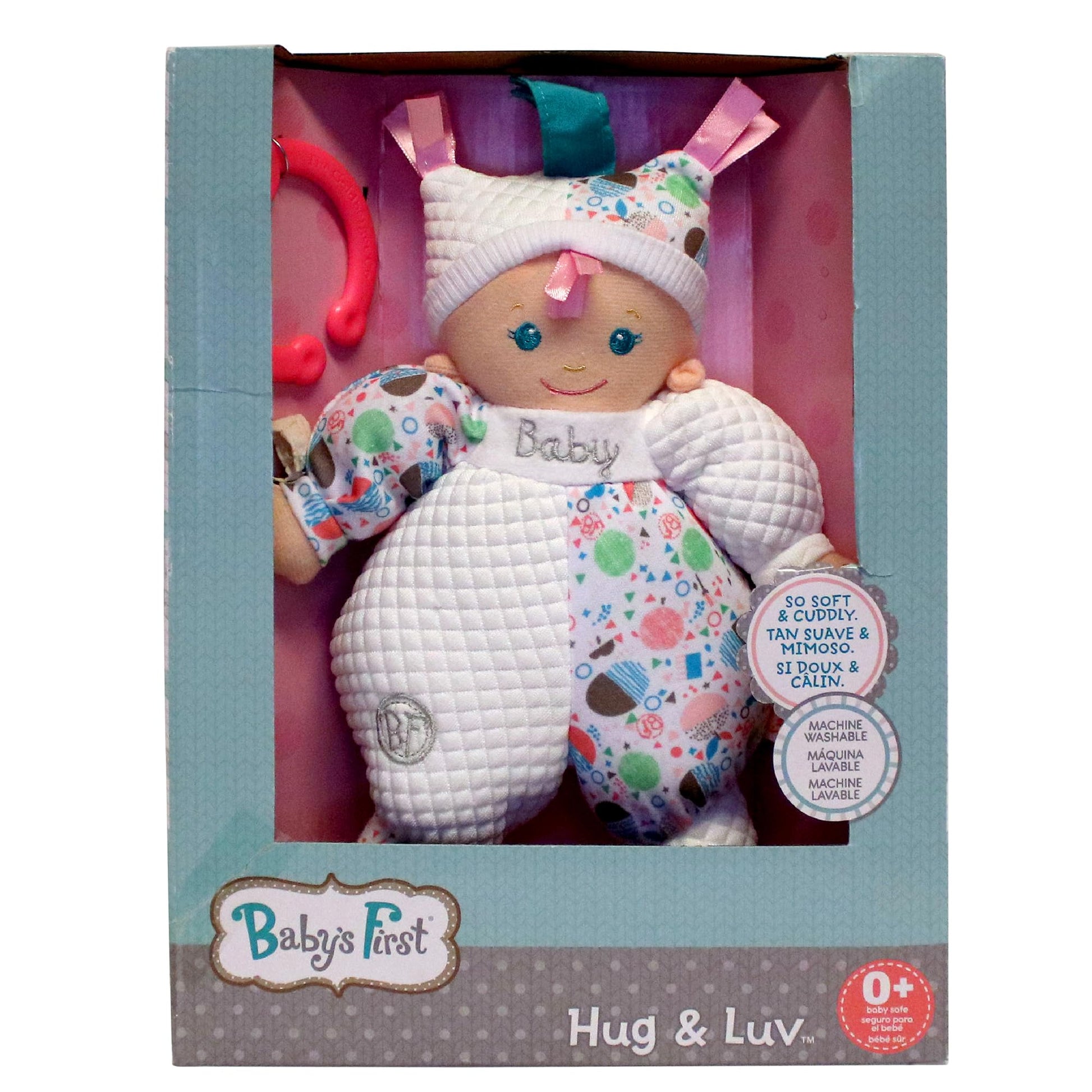 Baby's First: Hug & Luv Baby Doll - Quilted White Outfit, Attachable C-Ring, Machine Washable, Soft Cuddly Toy, Baby-Toddler-Kids Age 3 Months+