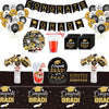 Graduation Party Decorations 126Pcs Black Gold Congrats Grad Dinnerware Party Supplies Includes Tableware Balloons Tablecloth Banner DIY Drink Pouches