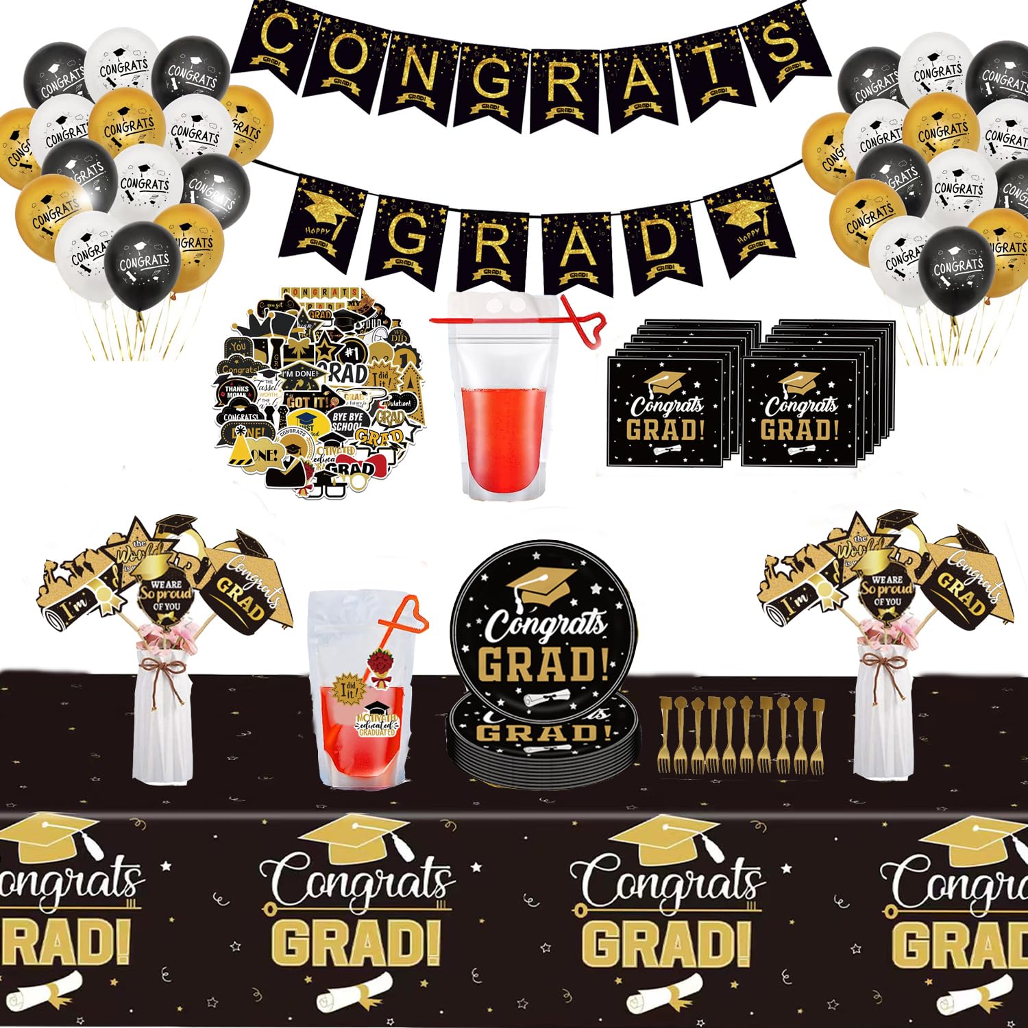 Graduation Party Decorations 126Pcs Black Gold Congrats Grad Dinnerware Party Supplies Includes Tableware Balloons Tablecloth Banner DIY Drink Pouches