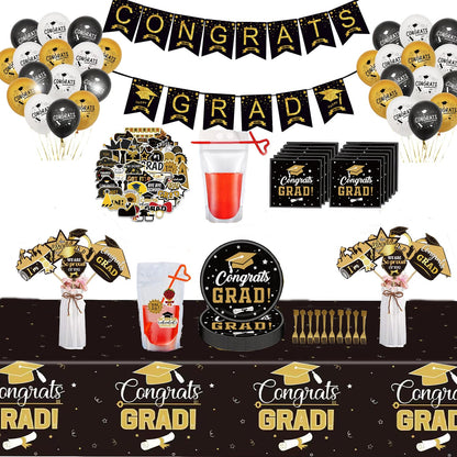 Graduation Party Decorations 126Pcs Black Gold Congrats Grad Dinnerware Party Supplies Includes Tableware Balloons Tablecloth Banner DIY Drink Pouches