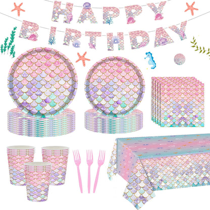 122 Pcs Mermaid Plates and Napkins Birthday Party Decorations for 24