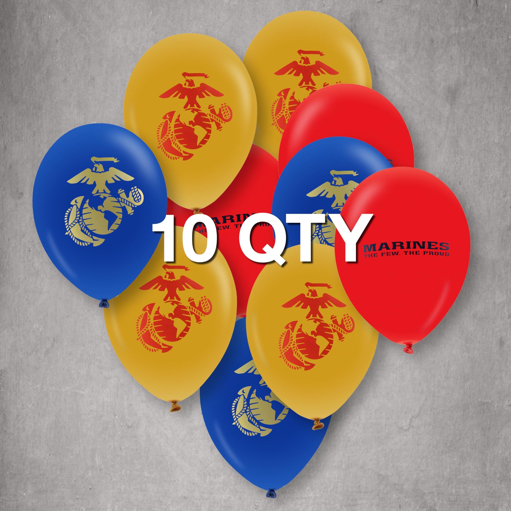 U.S. Marines Party Balloons (10pcs) 12” Latex Balloons in Red, Gold, and Blue with contrasting print on 2 sides. Officially Licensed by