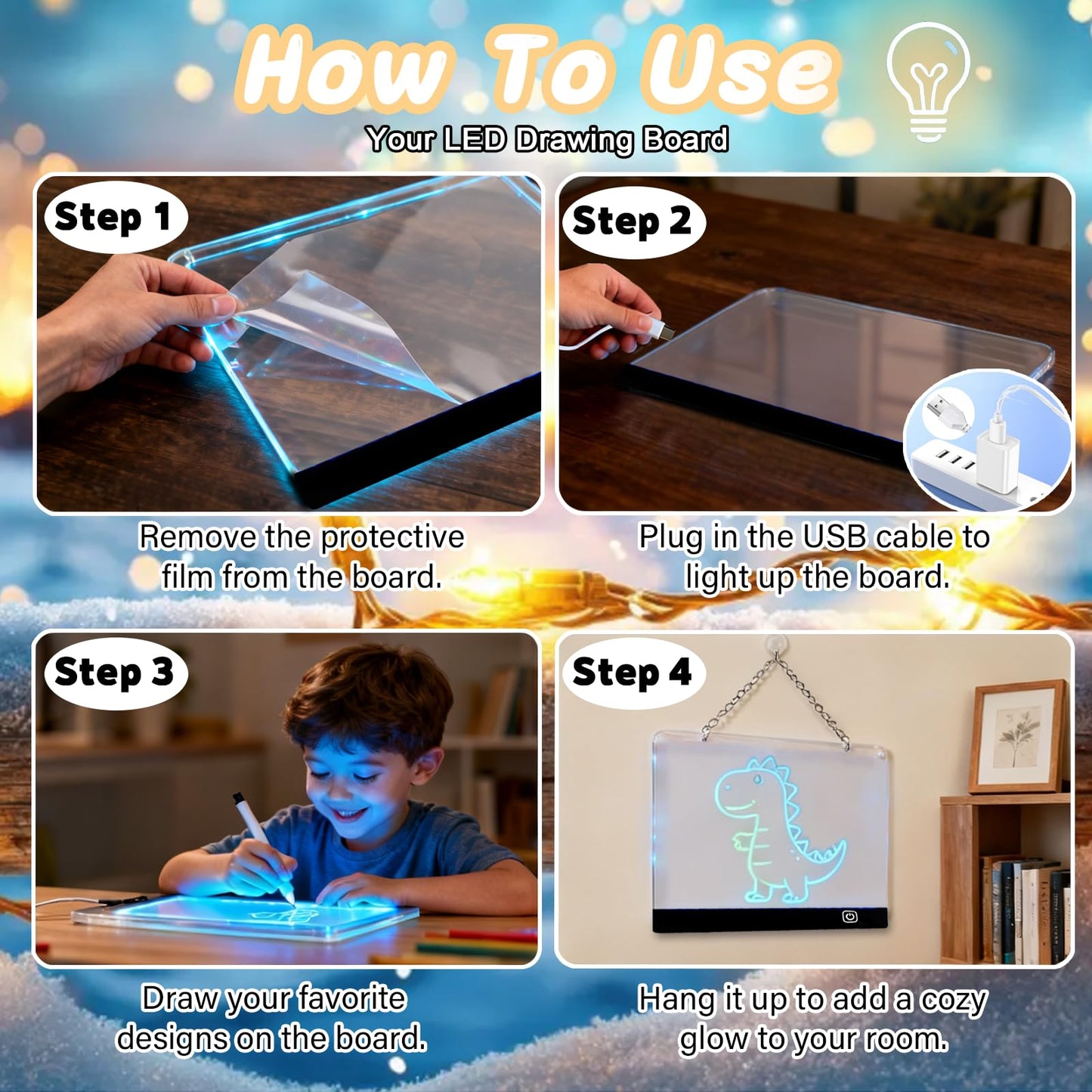 2026 LED Drawing Board with Colors, Glow Doodle Acrylic Dry Erase Board for Kids Ages 6+, 13.7"x10" Rechargeable Light Up Note Boards for Boys & Girls
