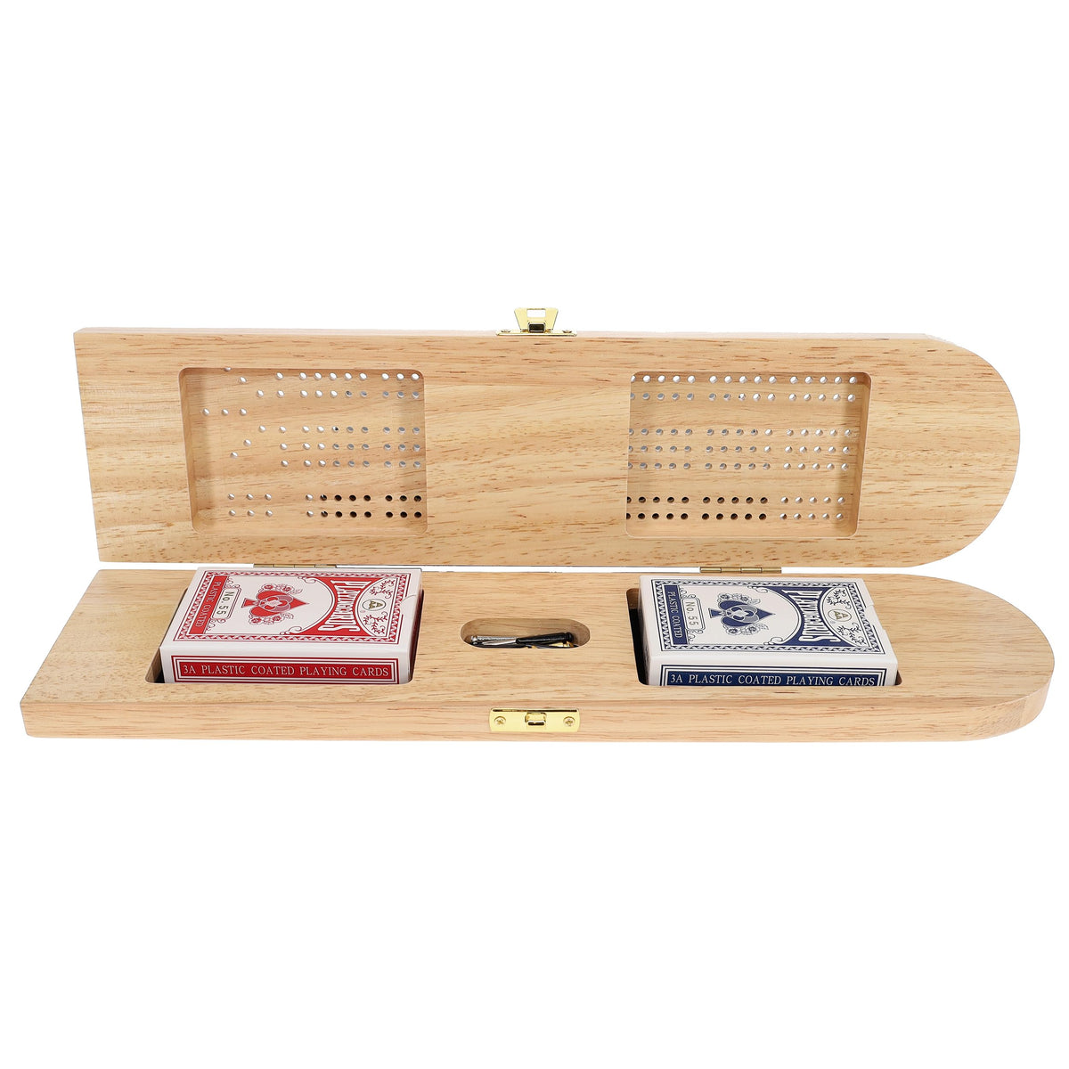 Pacific Shore Games Wooden Cribbage Board Game Set, Continuous 3 Track for 2-3 Players with Card Storage