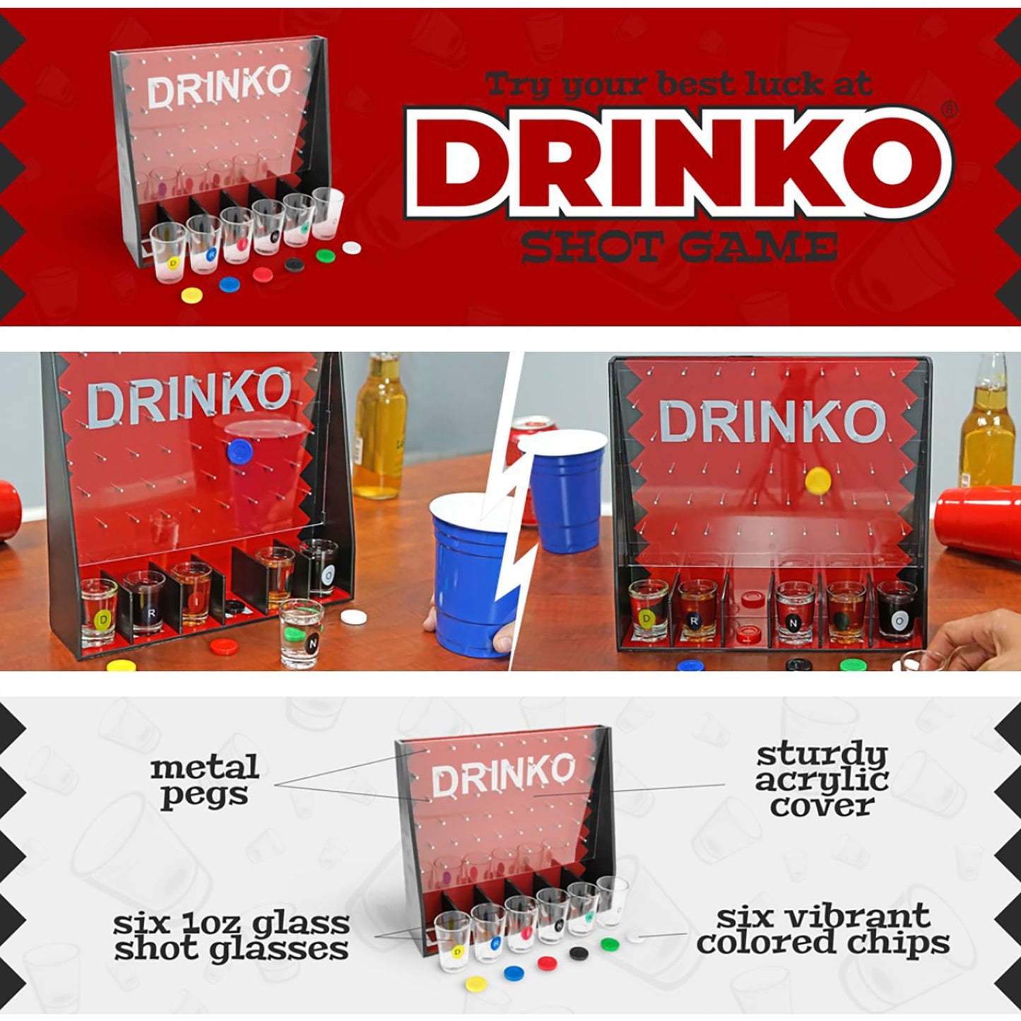 Fairly Odd Novelties DRINKO Drinking Game - Social Shot Glass Party Fun for Groups & Couples - Multicolor, Glass Shots, Durable Board with Metal Pegs