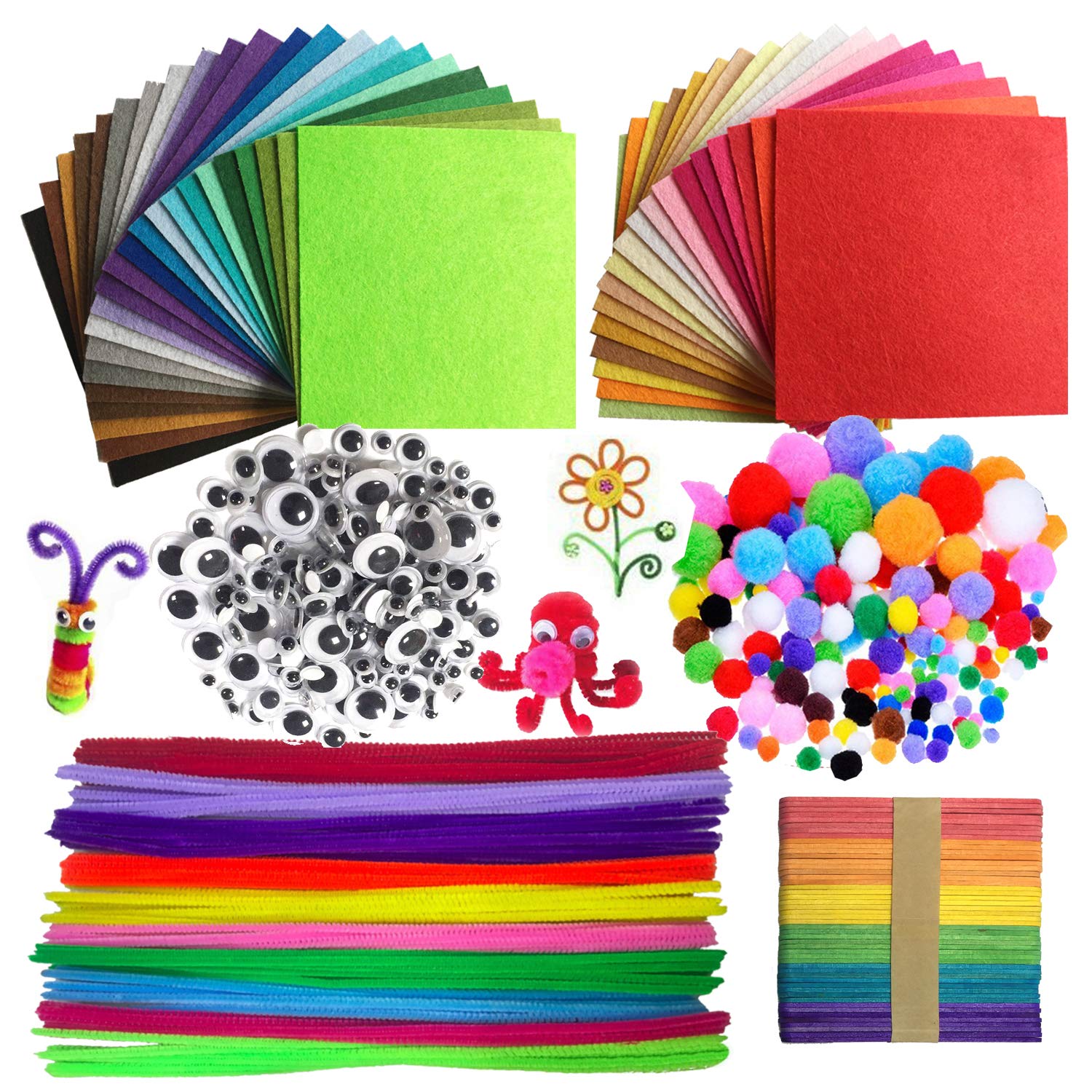 Wartoon Pipe Cleaners Crafts Set, Pipe Cleaners Chenille Stem and Pompoms with Googly Wiggle Eyes and Craft Rods Assorted Colors Non-Woven Felt Fabric