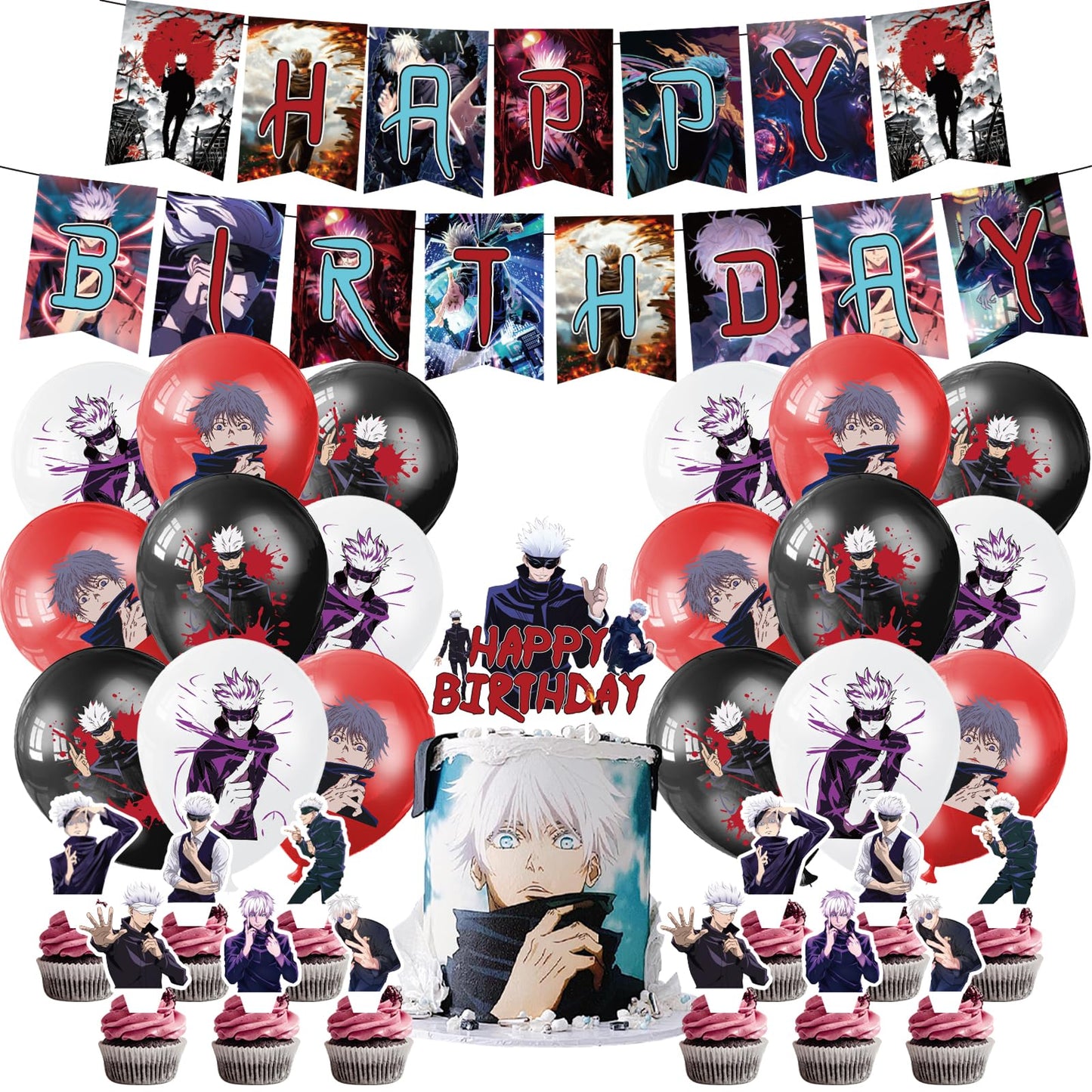 Anime Birthday Party Decoration, Include Satoru Happy Birthday Banner, Cake Topper, Latex Balloons, for Jujutsu Fans Party Supplies