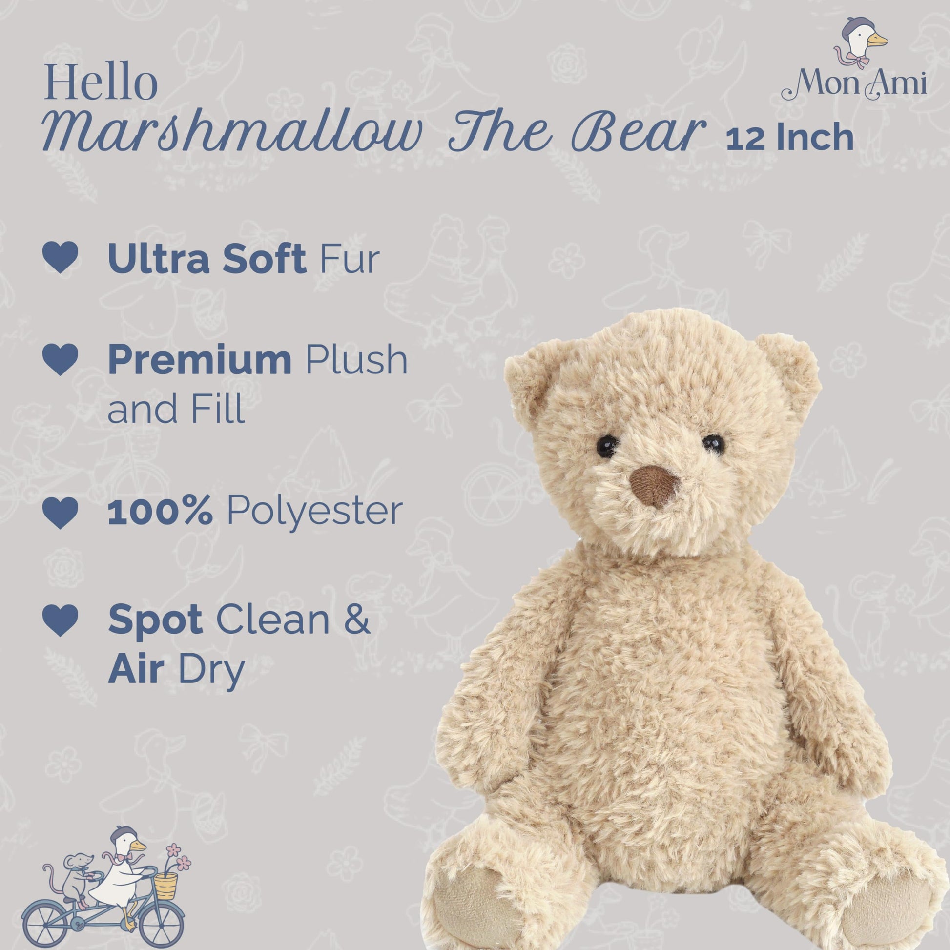 MON AMI Marshmallow Bear 12-Inch Stuffed Animal, Soft Teddy Bear Plush