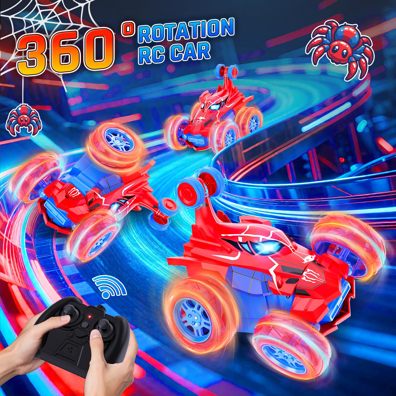 Innofans Remote Control Car for Boys, 360° Rotating 4WD Stunt Spider RC Cars with Cool LED Lights, Rechargeable Car Toys Birthday Gifts for Kids Boys