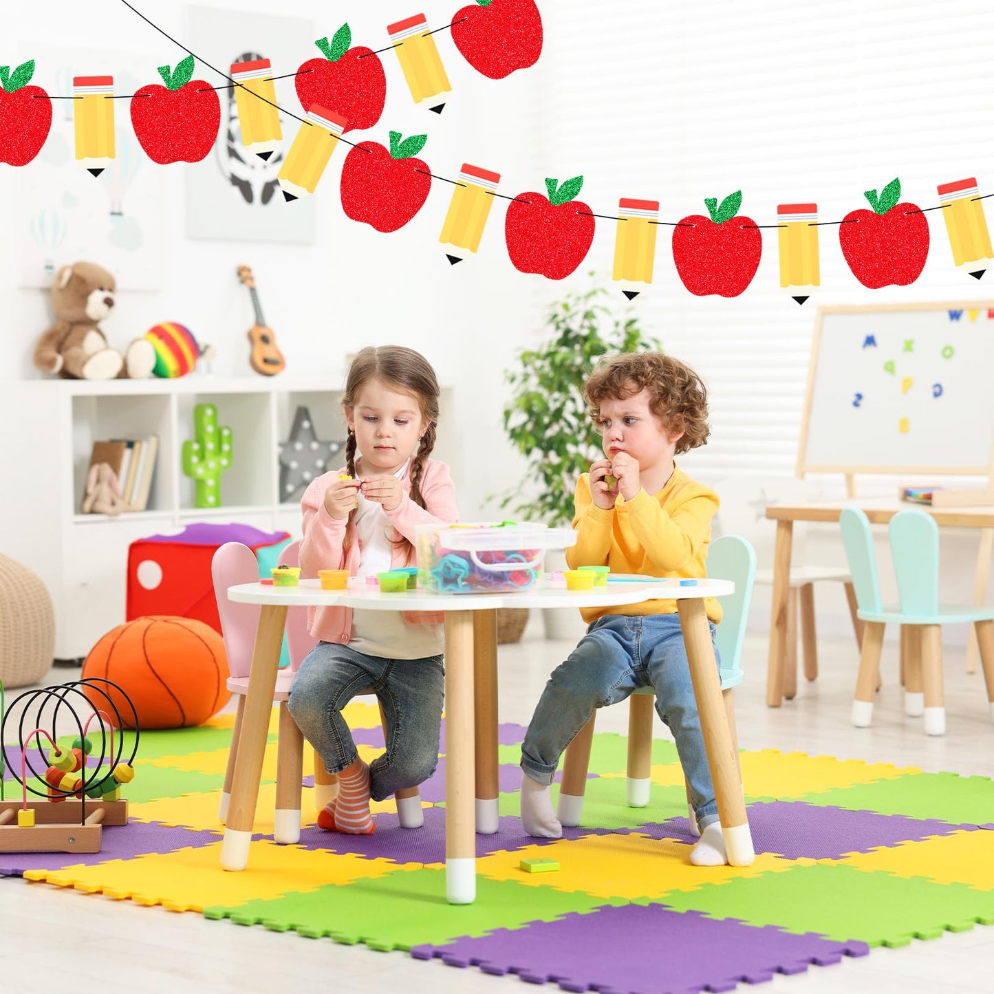 2 Pack Apple Pencil Garland Banner for Back to School Decorations, Pre-Strung Glitter Classroom Kindergarten Hanging Decor for Teacher Appreciation